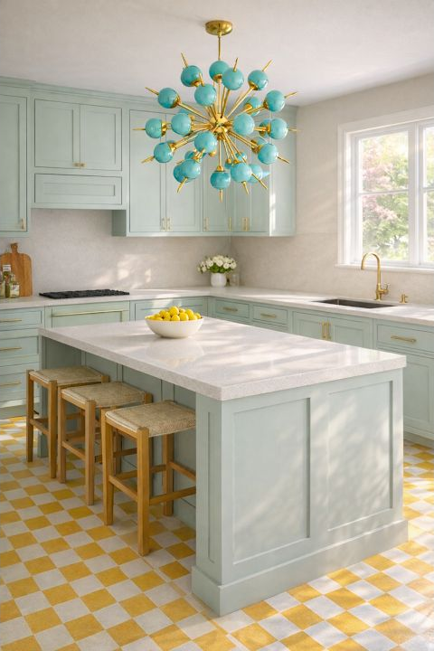 Concept image of a white kitchen with a turquoise globe ceiling fixture, a yellow patterned floor, and a compact island.