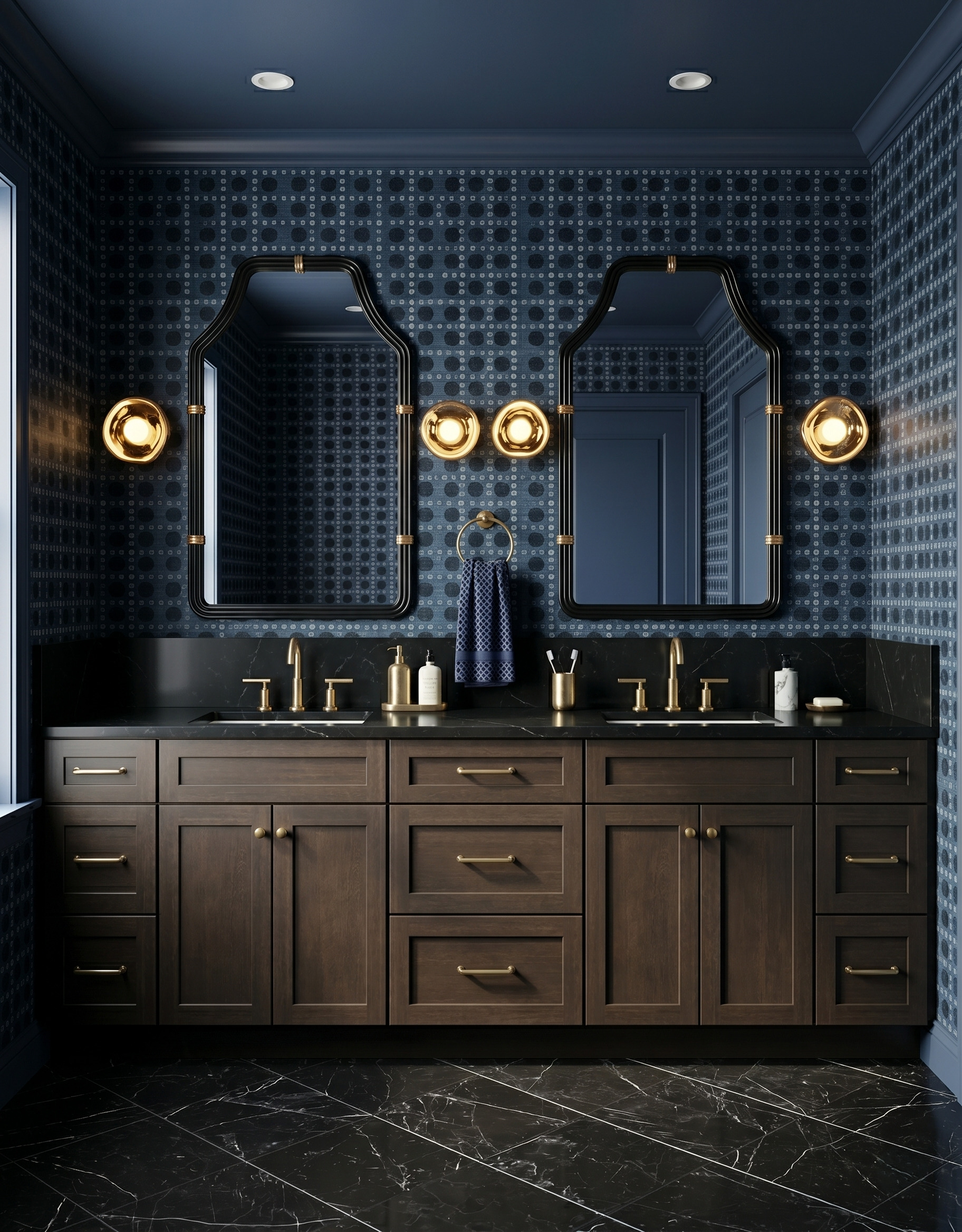 Dark navy bathroom with dotted geometric wallpaper, a matching ceiling, a wood double vanity, shaped black mirrors and round gold sconces.