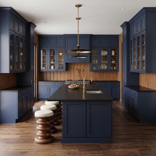 A large irregular kitchen where appliance dimensions affect the cabinet plan.