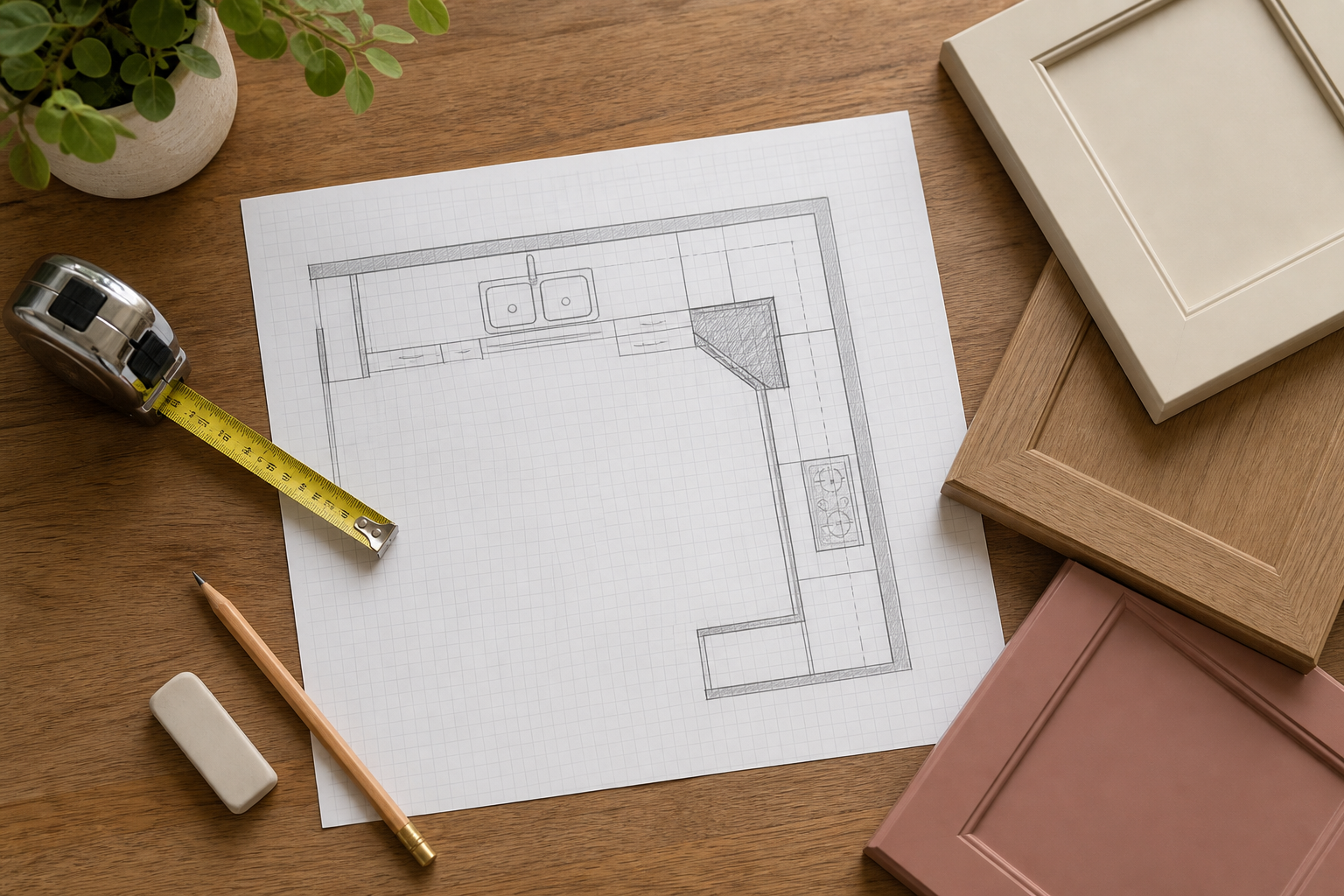 Top-down kitchen plan with the corner shaded beside a tape measure, pencil, eraser, and cabinet-door samples.