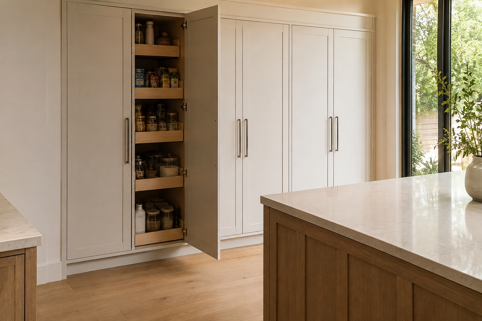 One properly hinged tall pantry door opens fully without striking the kitchen island, leaving a usable aisle in front.