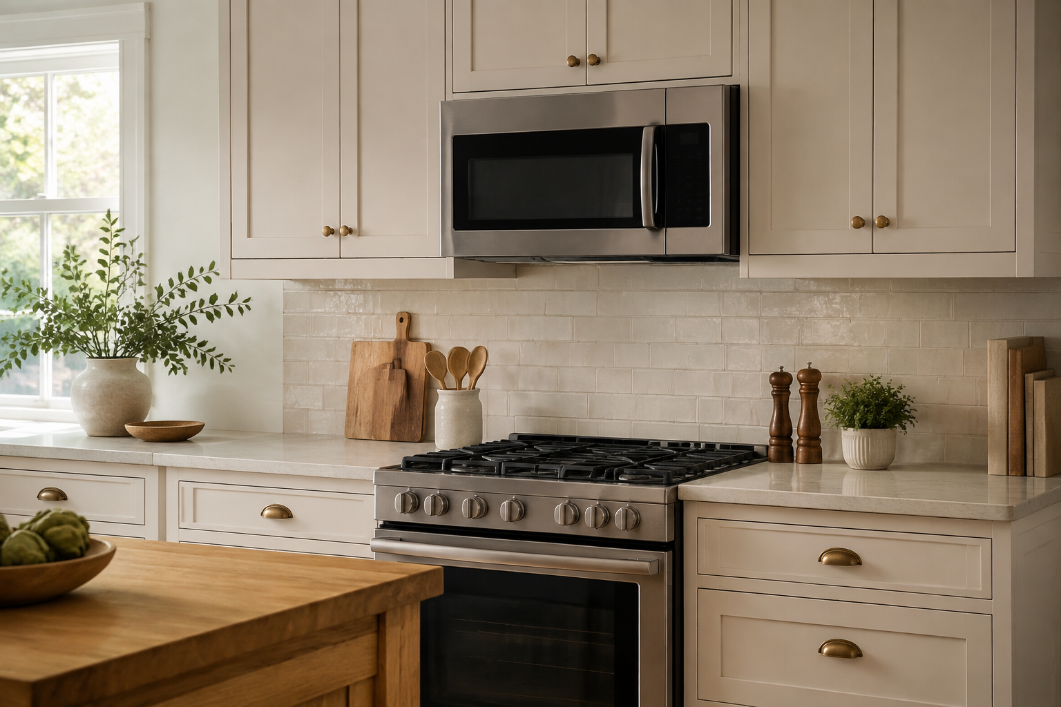 Unbranded over-the-range microwave centered above a range on a balanced cooking wall.