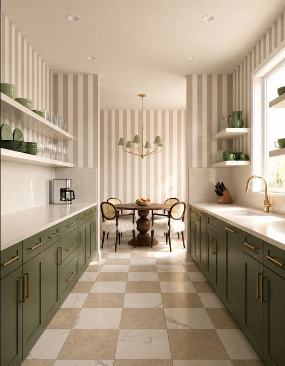 Concept image of a light green and cream galley kitchen with opposing cabinet runs and an open walkway to a dining area.