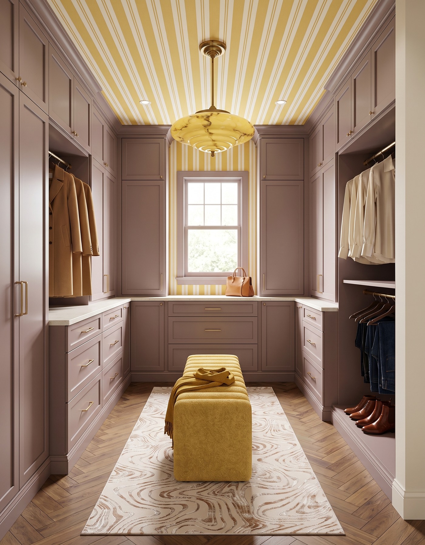 AI-created concept: Mauve closet cabinetry pairs mustard stripes with a yellow bench and warm herringbone floor.