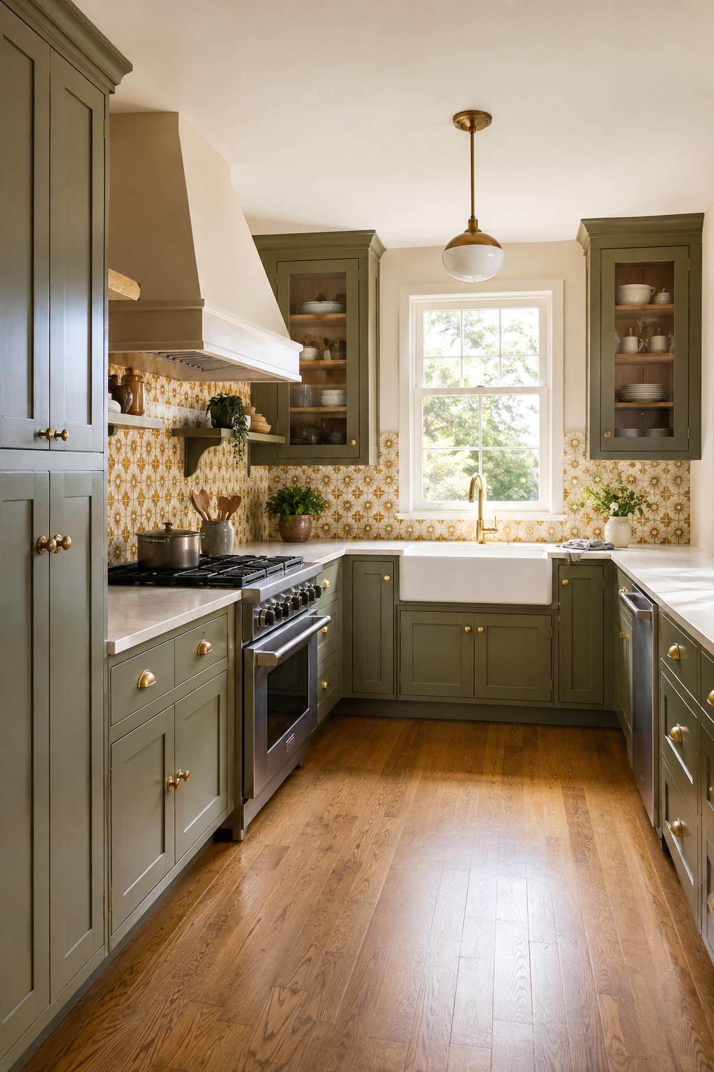 A practical olive-green retro farmhouse kitchen with a mustard patterned backsplash, a vented range, and a clear center aisle.