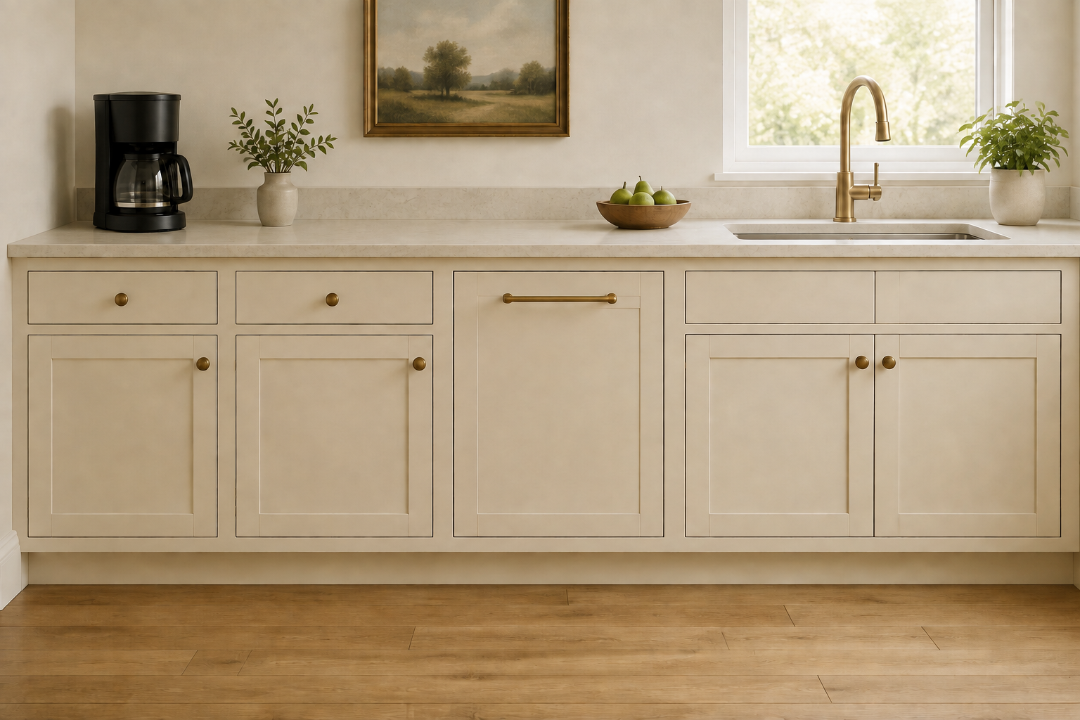 Coffee station on a side run with a short unobstructed path to a nearby sink and waste pullout.