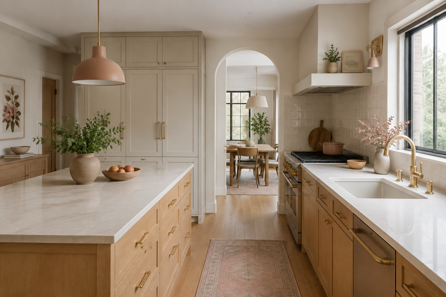 Warm kitchen with a clearly open working aisle between the island, sink, and range wall.