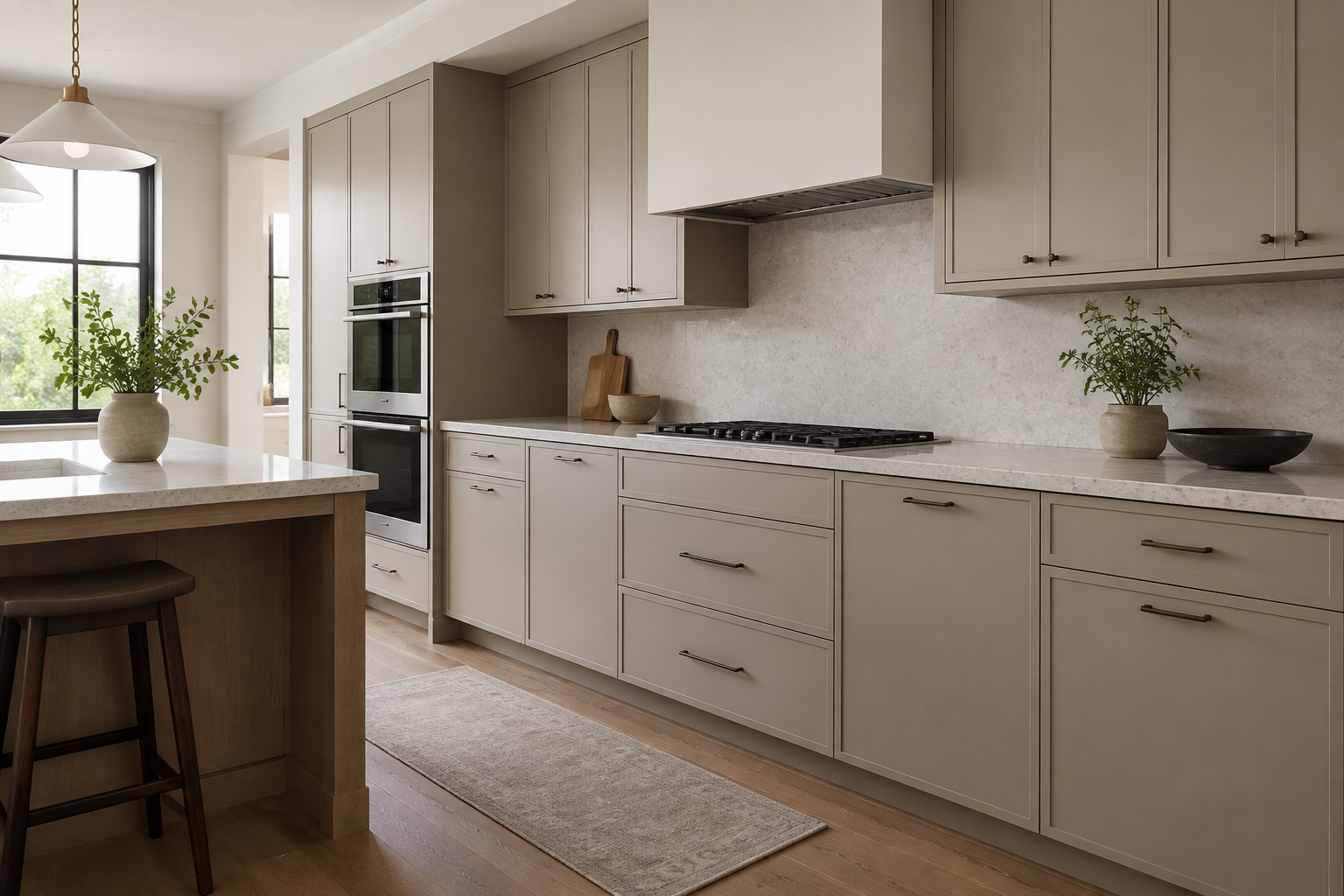 Muted mushroom kitchen with slim-Shaker cabinet doors, pale counters, and restrained bronze pulls.