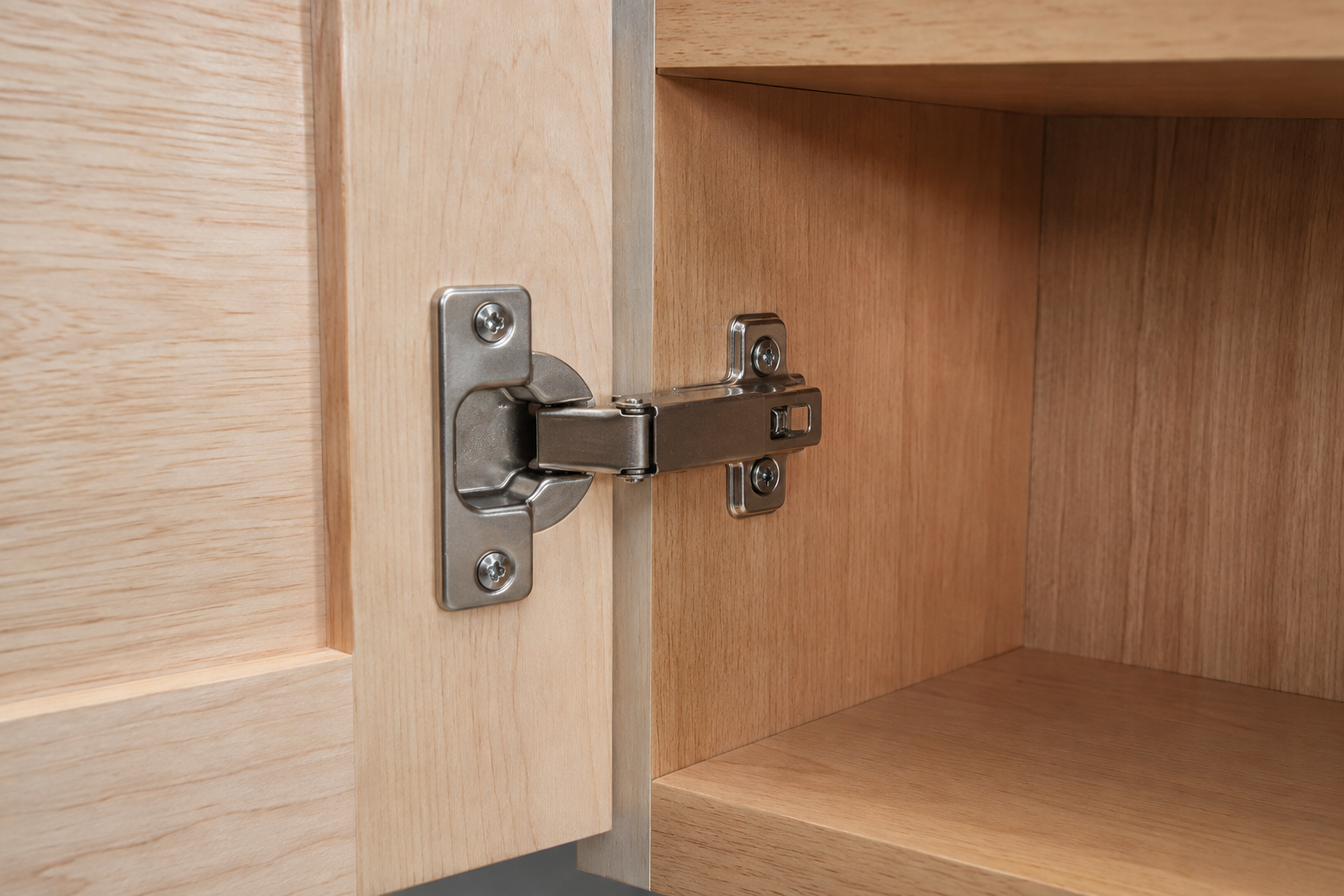 Close view of one concealed hinge physically connecting a solid wood cabinet door to the side of a complete empty cabinet box.