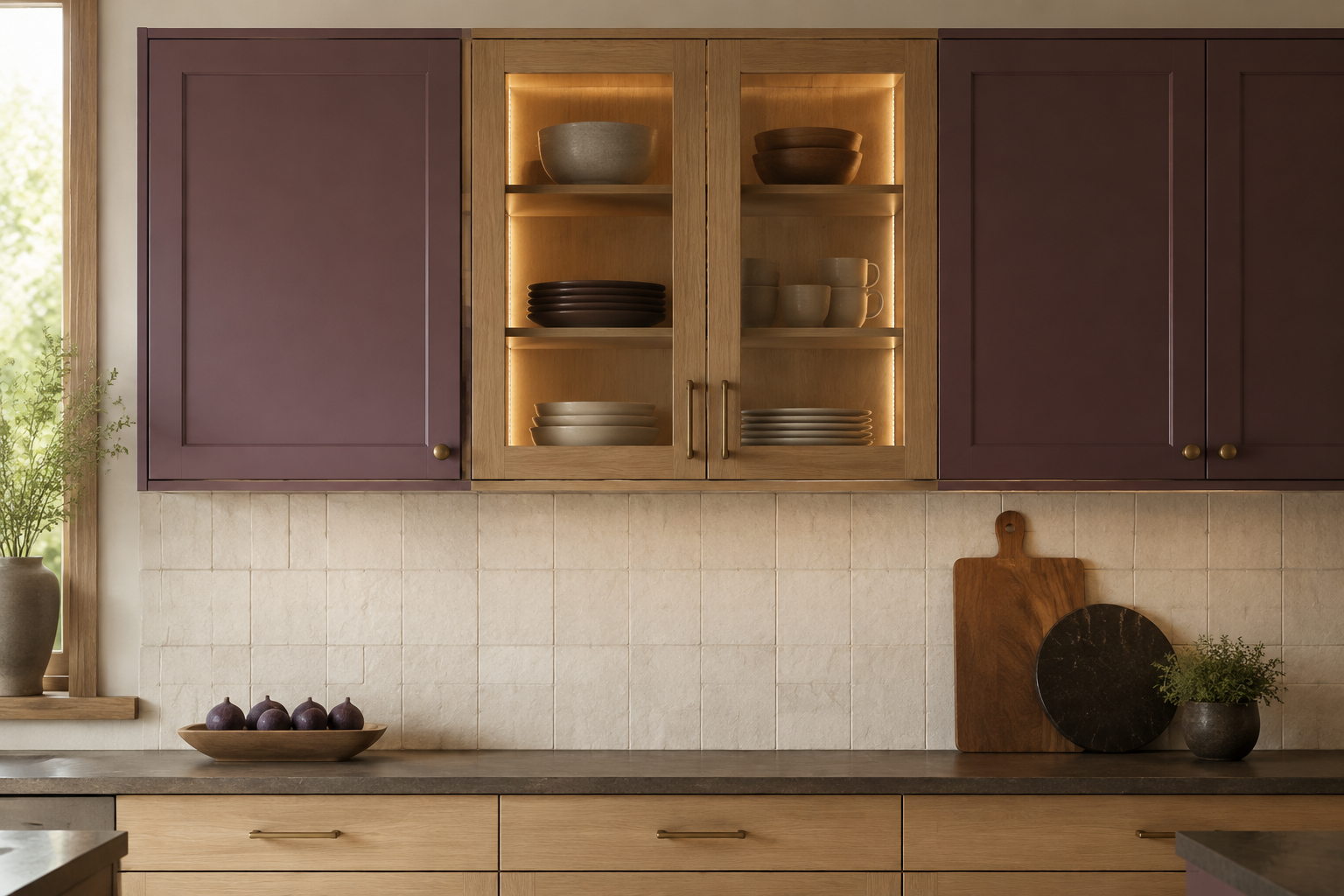 Installed two-door glass cabinet with concealed vertical LED channels illuminating shelves and dishes inside the complete cabinet box.