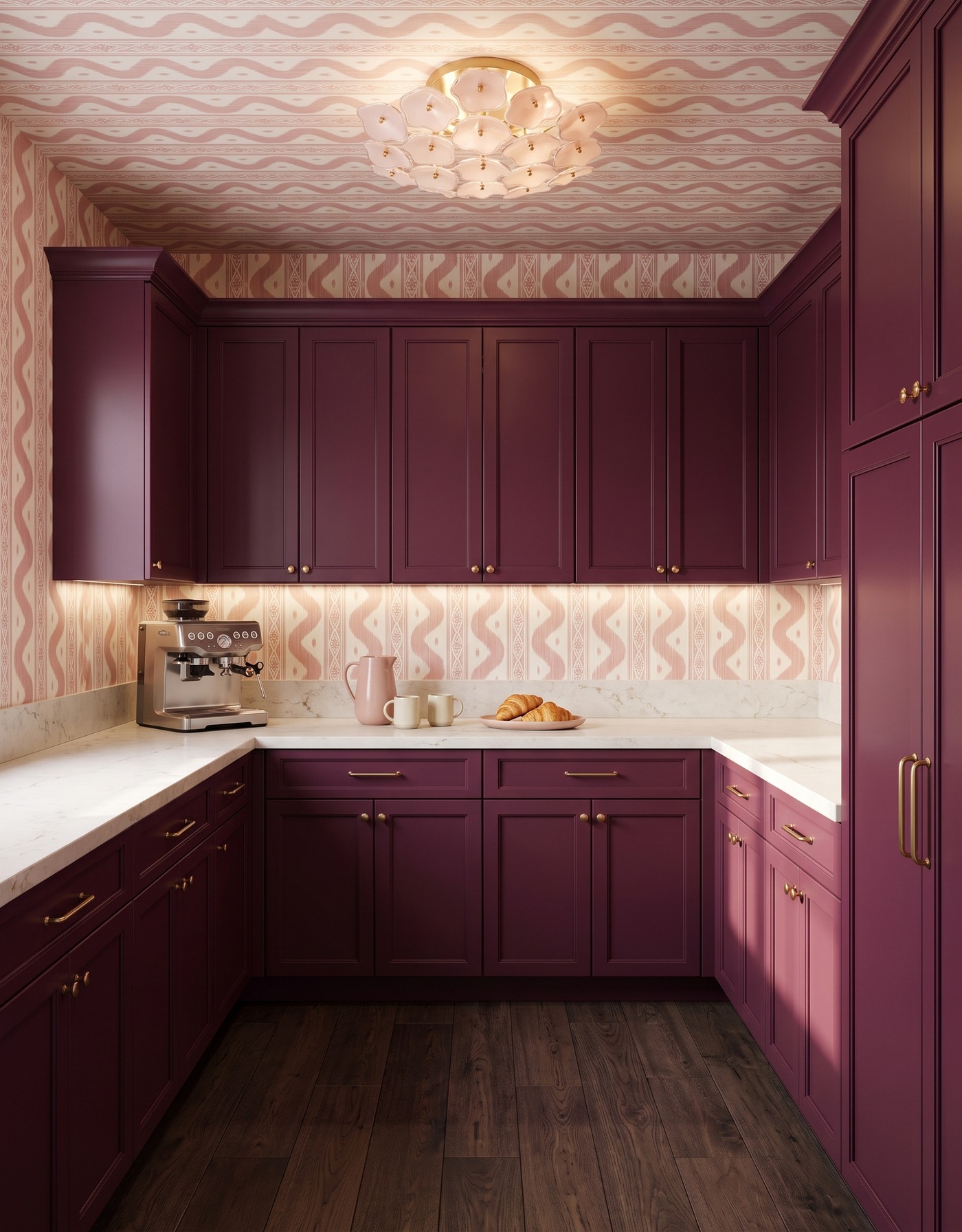 AI-created concept: Berry pantry cabinets and blush ikat frame a pale counter with cream cups and pastries.