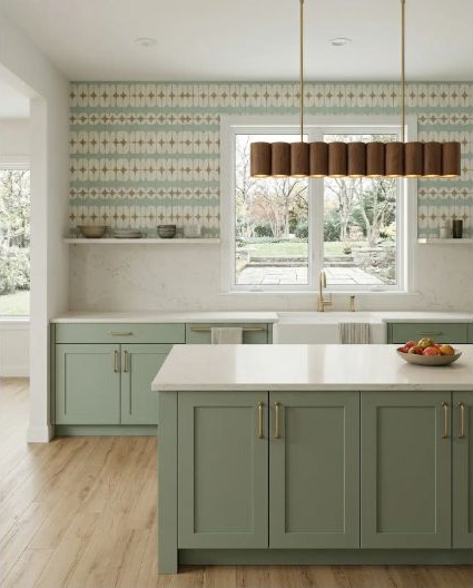 A serene sage kitchen with counters and wall finishes that need a defined scope.