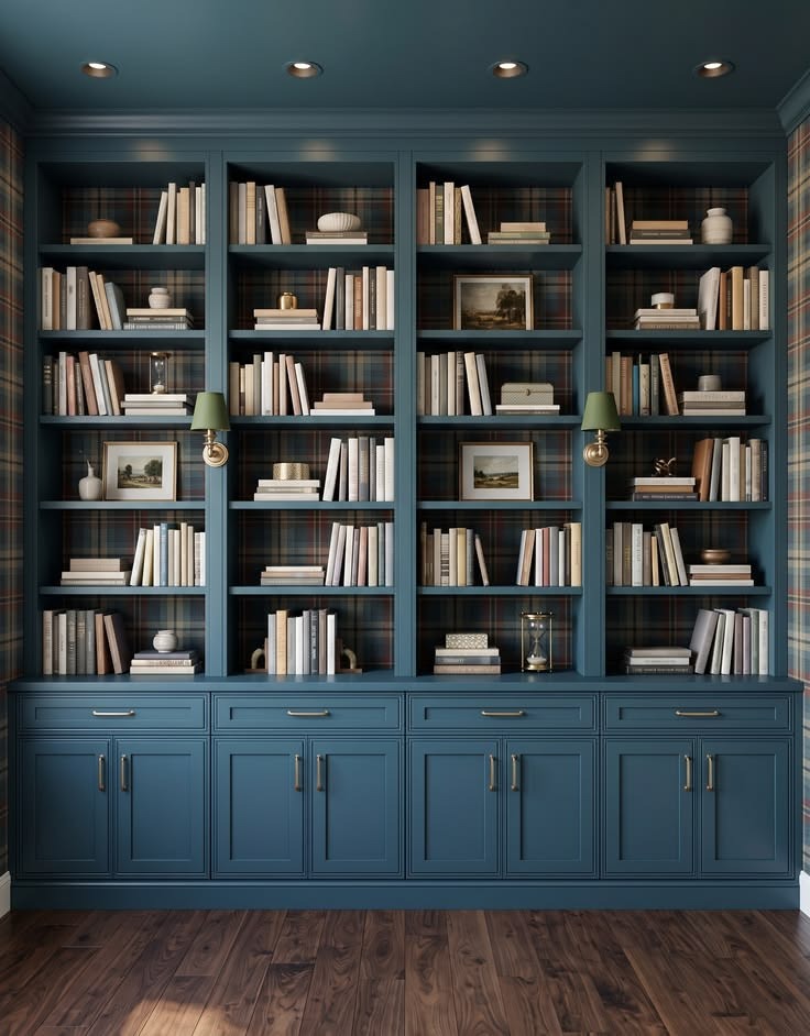 Large deep-blue library wall with symmetrical open shelves and lower cabinet storage.