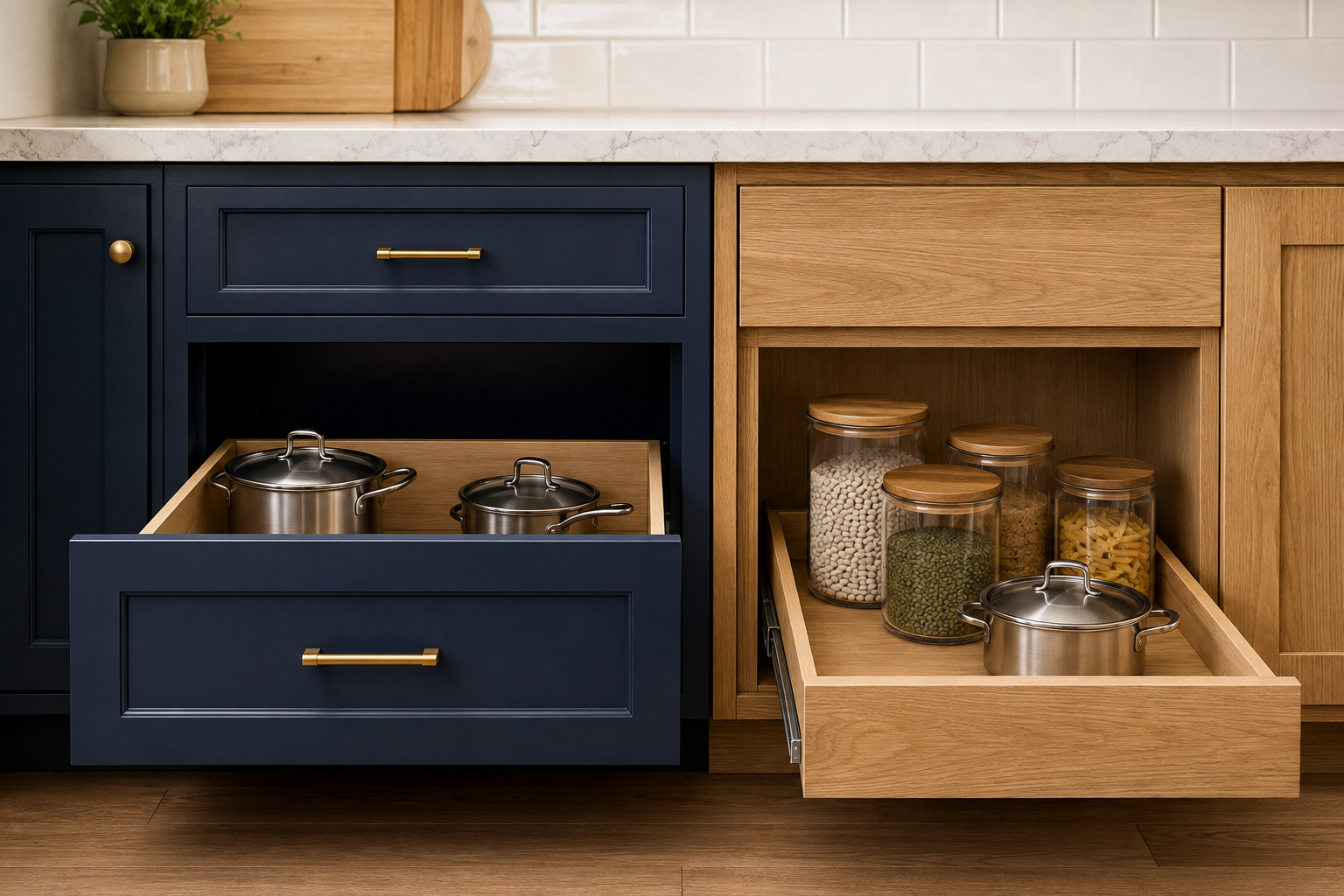 A navy inset base uses a deep pot drawer while an oak overlay base uses a supported pull-out tray within a complete cabinet box.