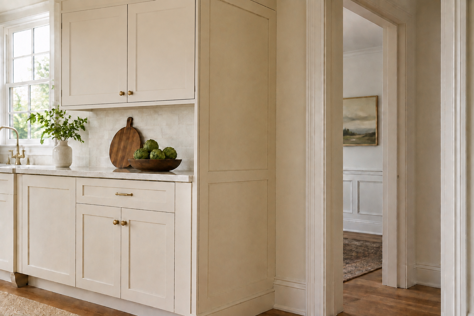 Ivory double-door wall and base cabinets beside a tall hardware-free finished end panel at an open doorway.