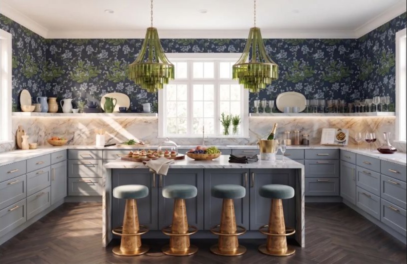 A blue-green kitchen palette connected through related cool undertones.
