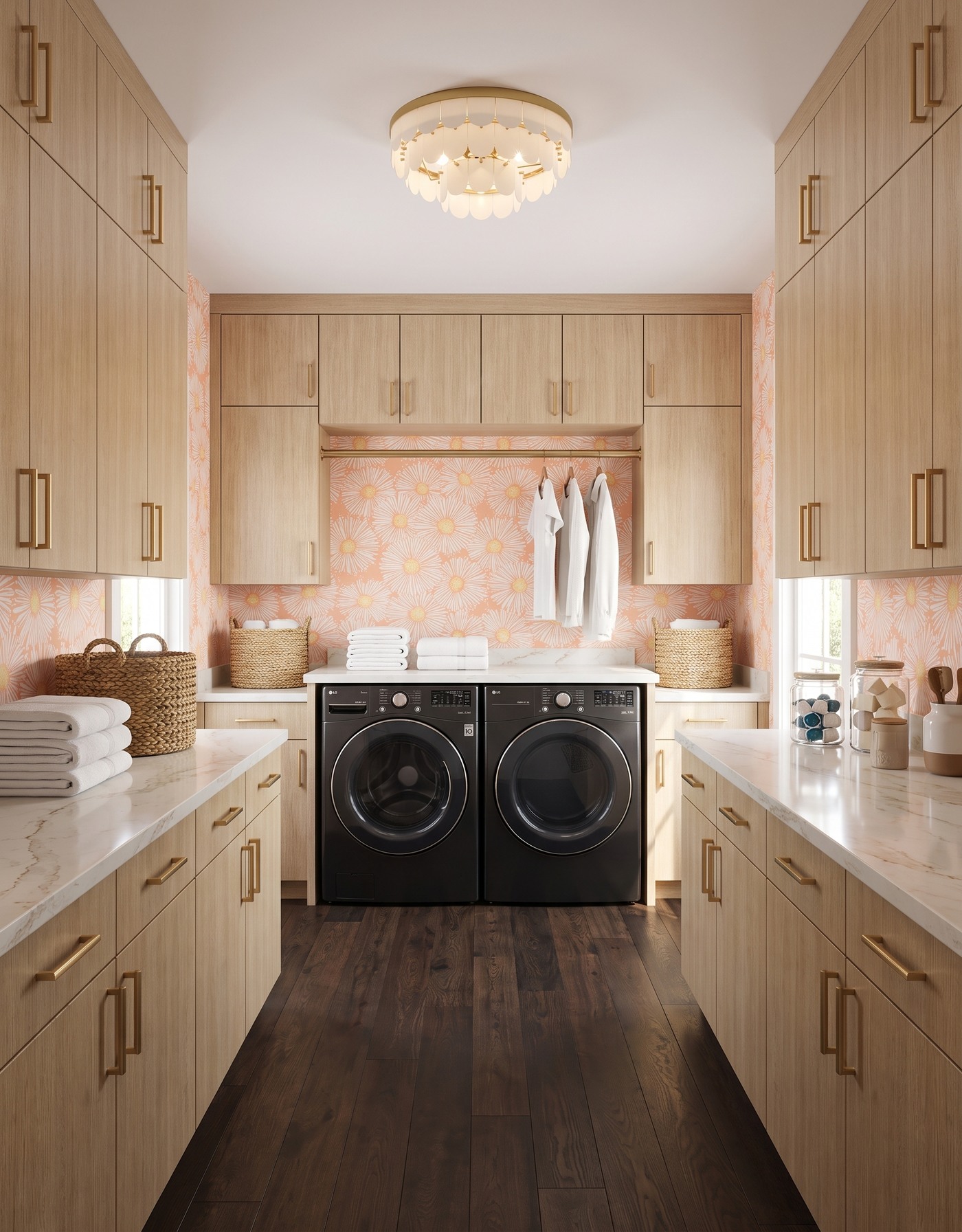 AI-created concept: Natural-wood laundry cabinets, peach daisy wallpaper, dark wood flooring and an ivory scalloped light above black machines.