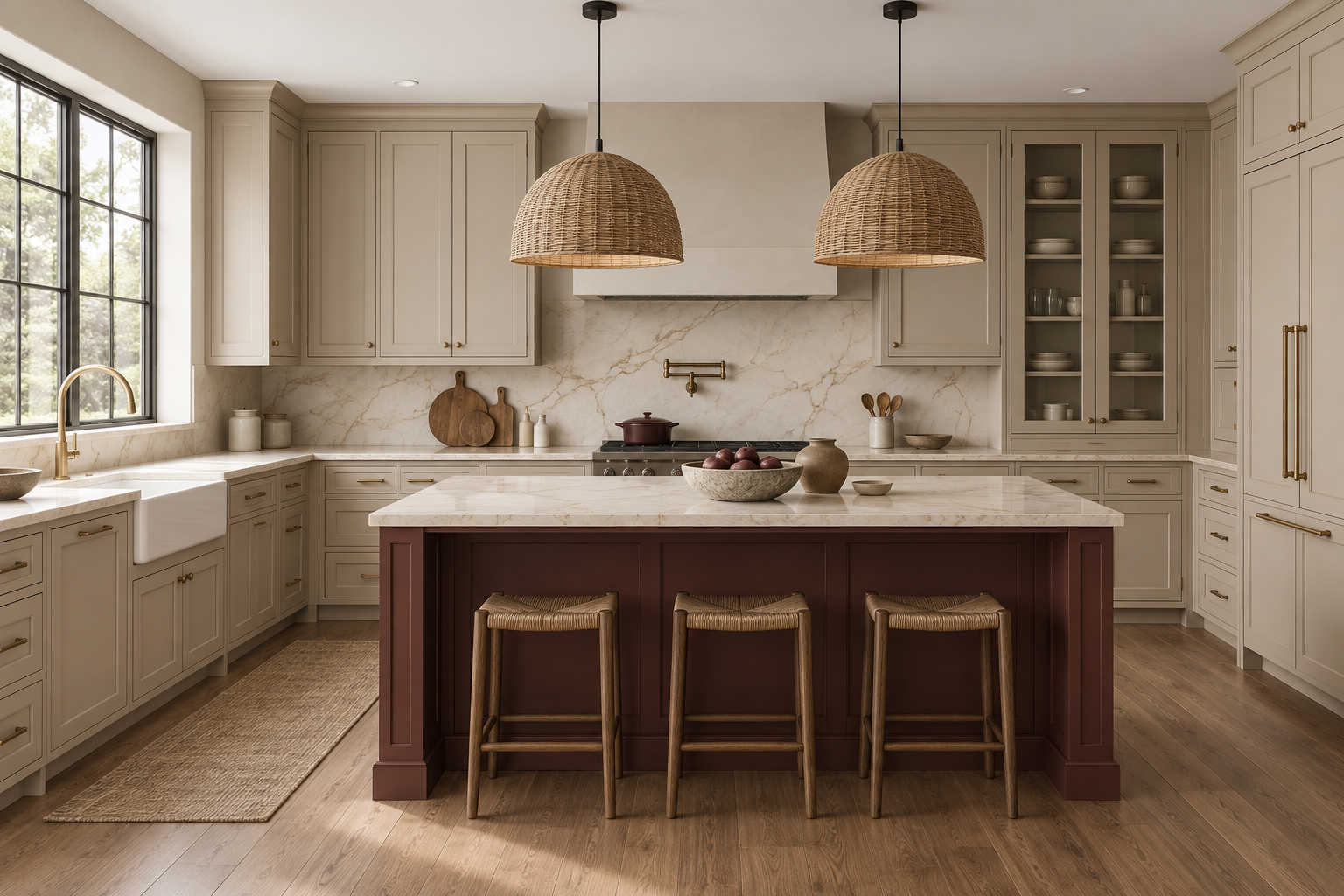 Taupe kitchen with a muted burgundy island, three wood stools and two broad woven rattan dome pendants.