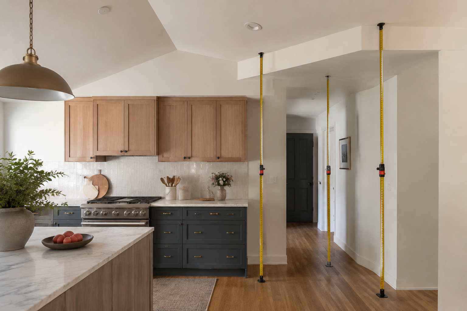 Vertical tape measuring ceiling height beside a kitchen cabinet run.