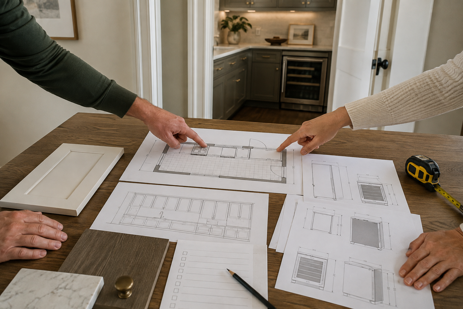 Two adults review a pantry floor plan, cabinet elevation, appliance details, and finish samples with the finished room visible behind them.