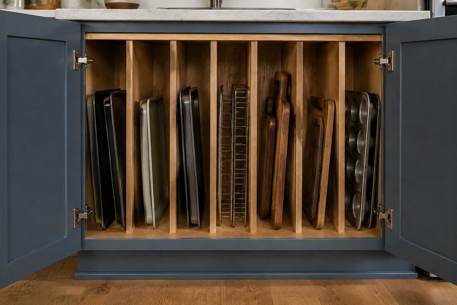 A wide lower cabinet uses supported vertical dividers to separate baking sheets, cutting boards, cooling racks, and muffin tins.