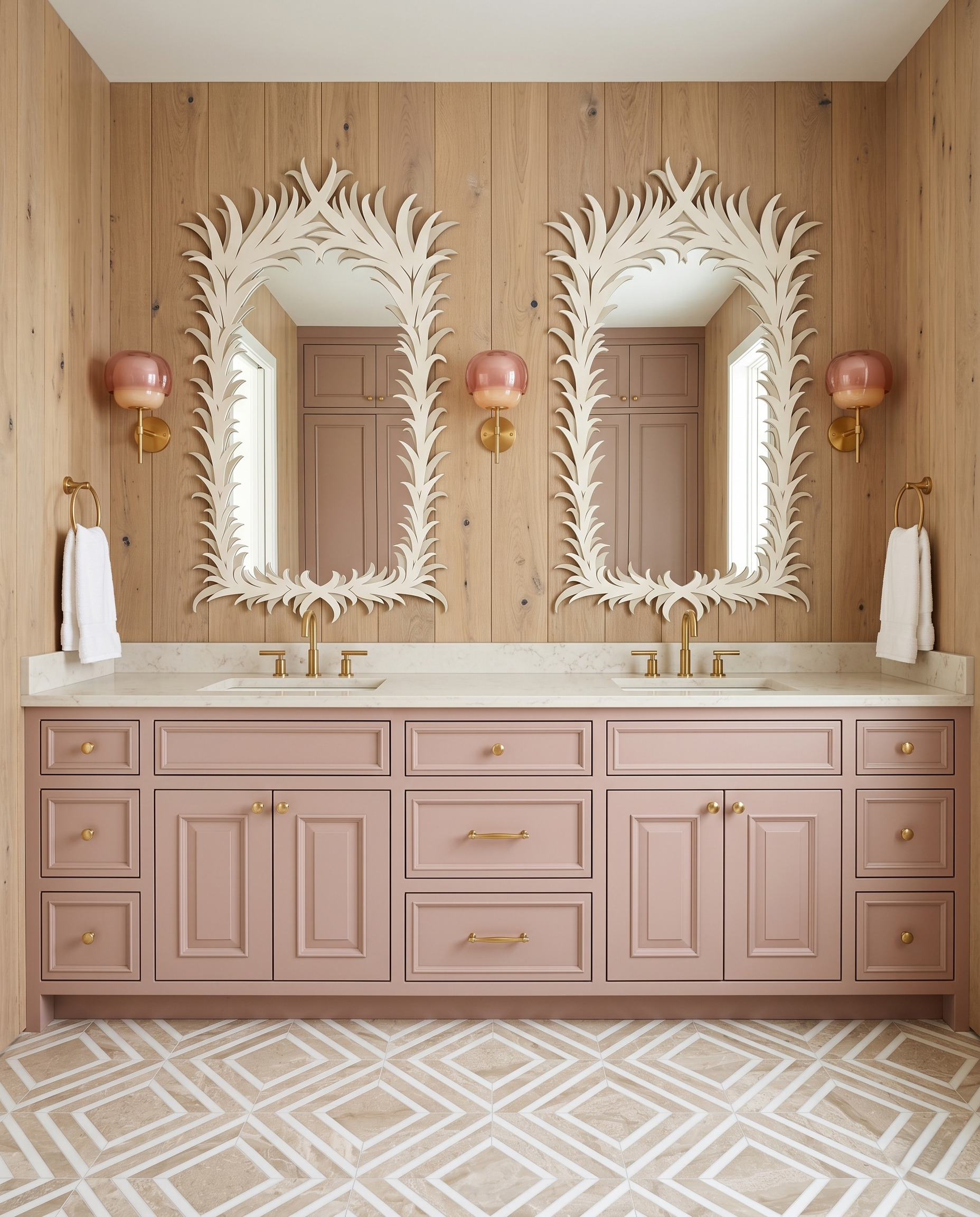 White leaf-shaped mirror frames and pink glass globe sconces over a blush vanity against light wood paneling.