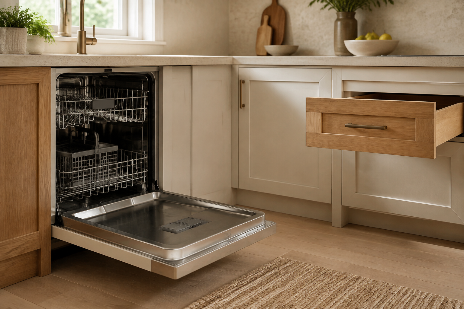 Open dishwasher separated from an inside corner by a generous filler with a distant drawer open clear of its door path.