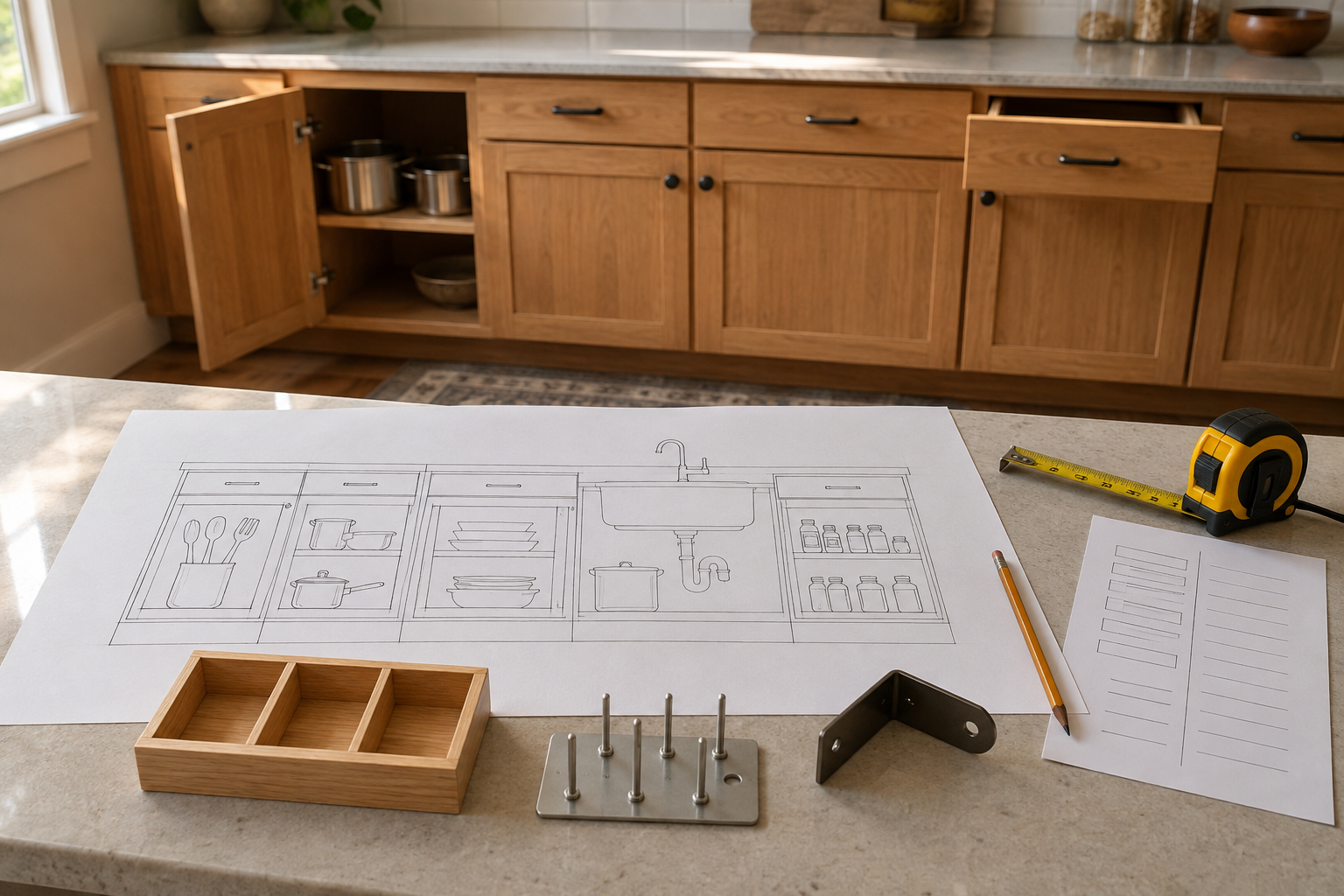 A cabinet-run elevation maps separate homes for utensils, pots, dishes, sink plumbing, and pantry goods beside organizer samples and a tape measure.