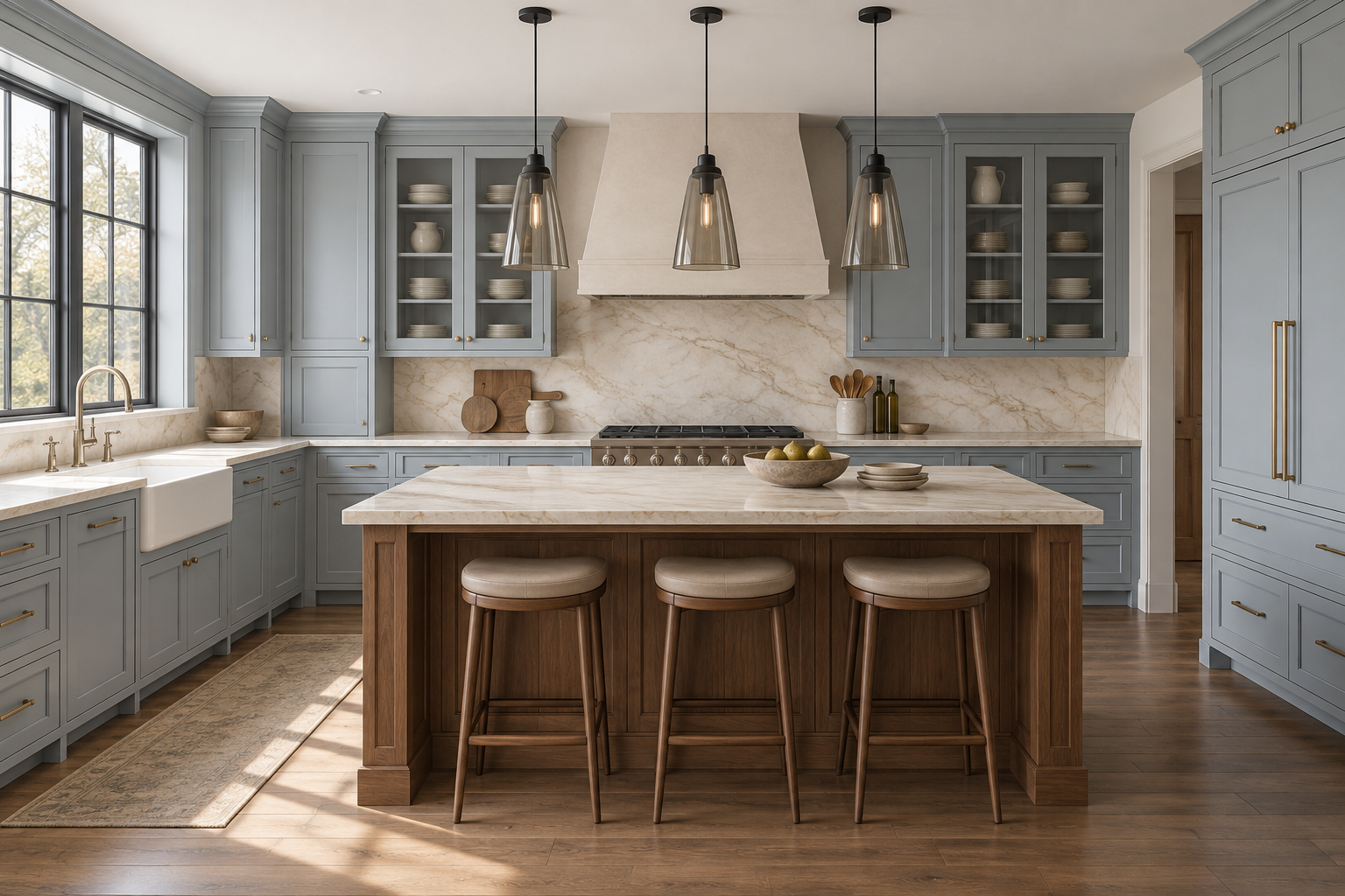 Powder-blue kitchen with a walnut island, three upholstered stools and three tapered smoked-glass pendants.