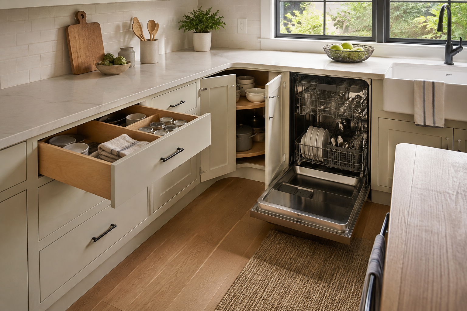 Kitchen corner with cabinet drawers, a door, and an appliance opened to show nearby clearances.