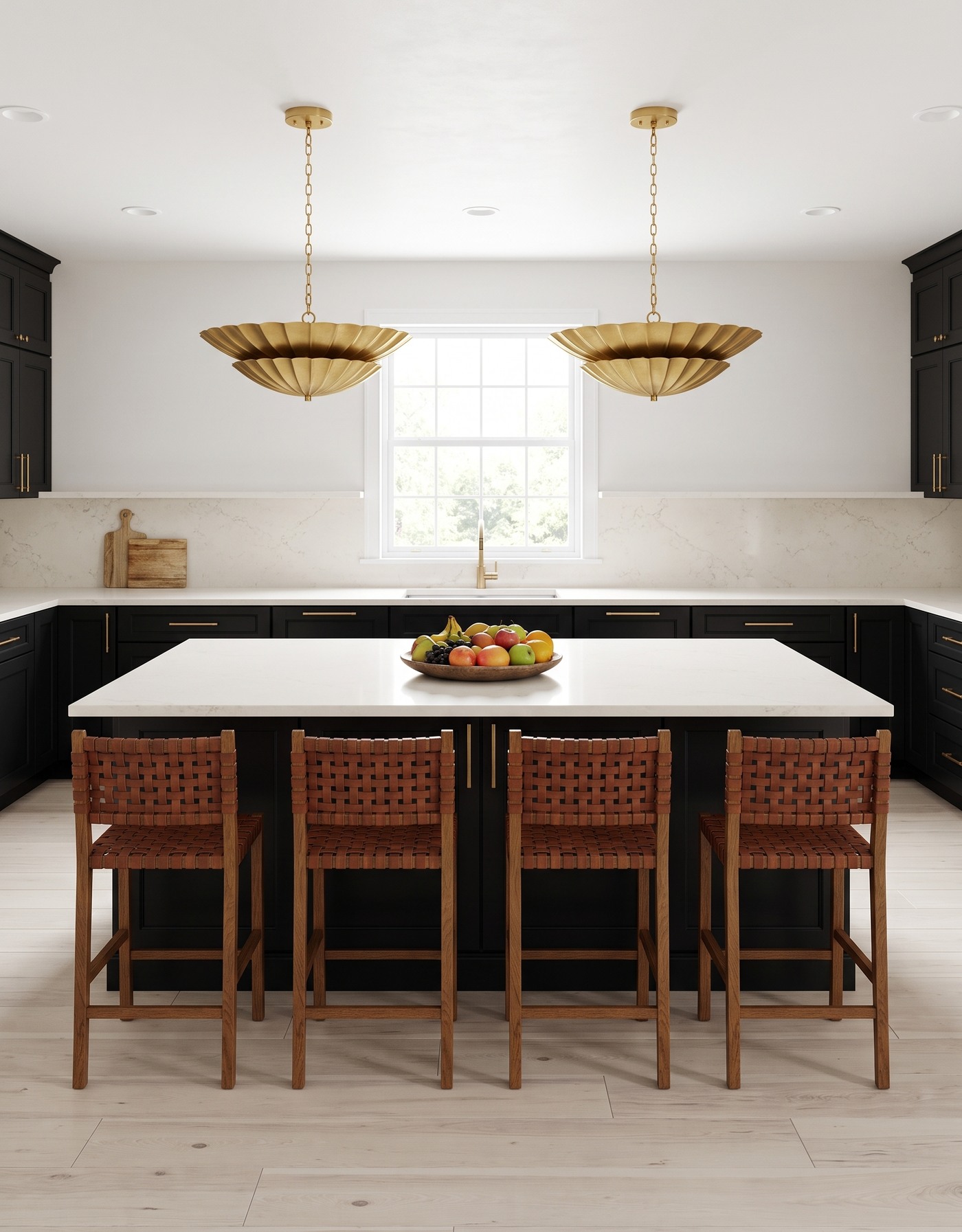 AI-created concept: Whitewashed-looking wood planks with black kitchen cabinetry, a pale island counter and woven stools.
