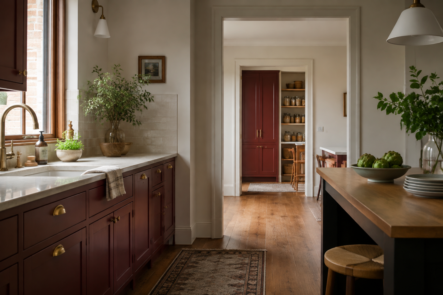 Burgundy kitchen cabinets connected visually to a distant red pantry door through a neutral opening.