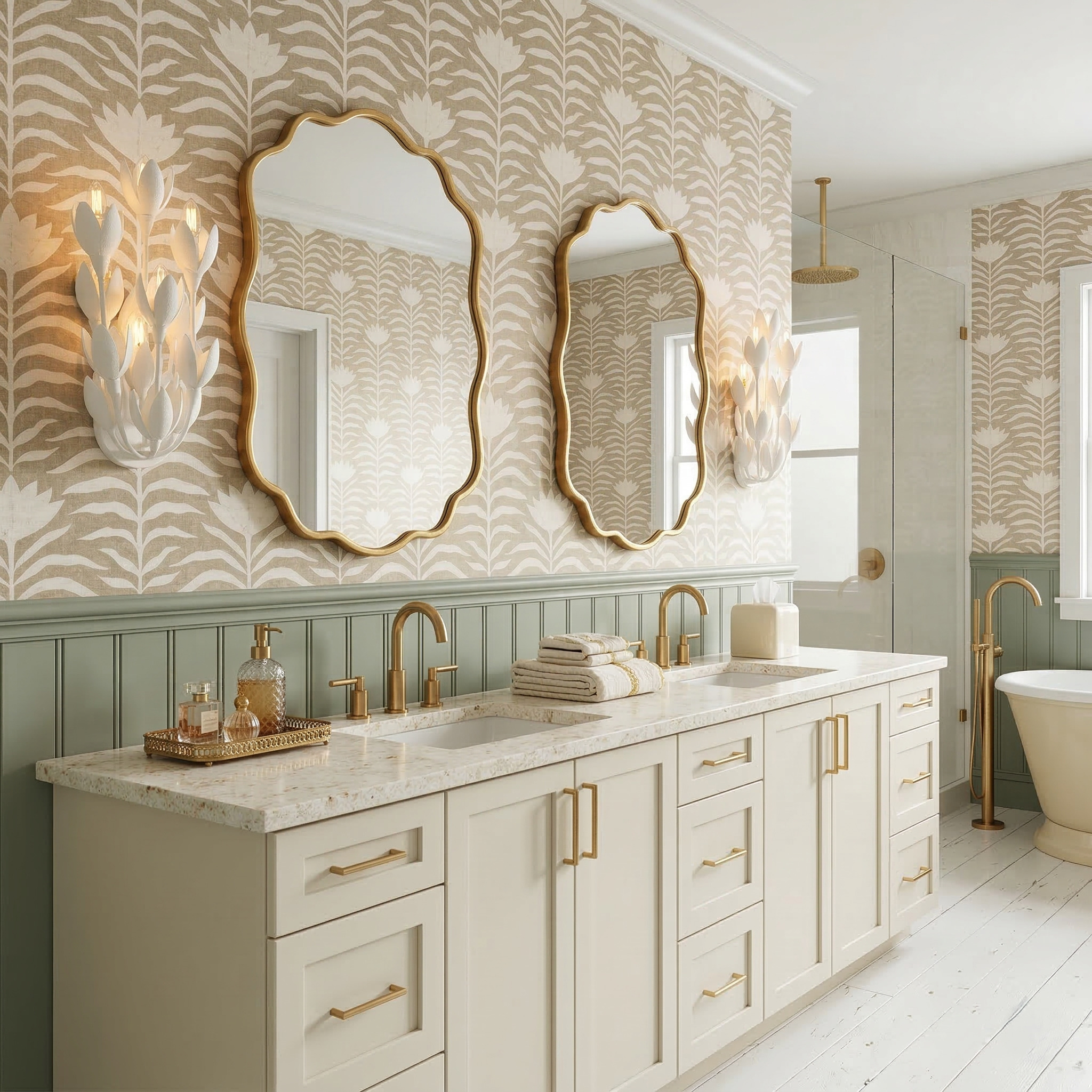 Cream bathroom vanity with sage beadboard, large beige-and-white botanical wallpaper, wavy gold mirrors and leaf-shaped sconces.