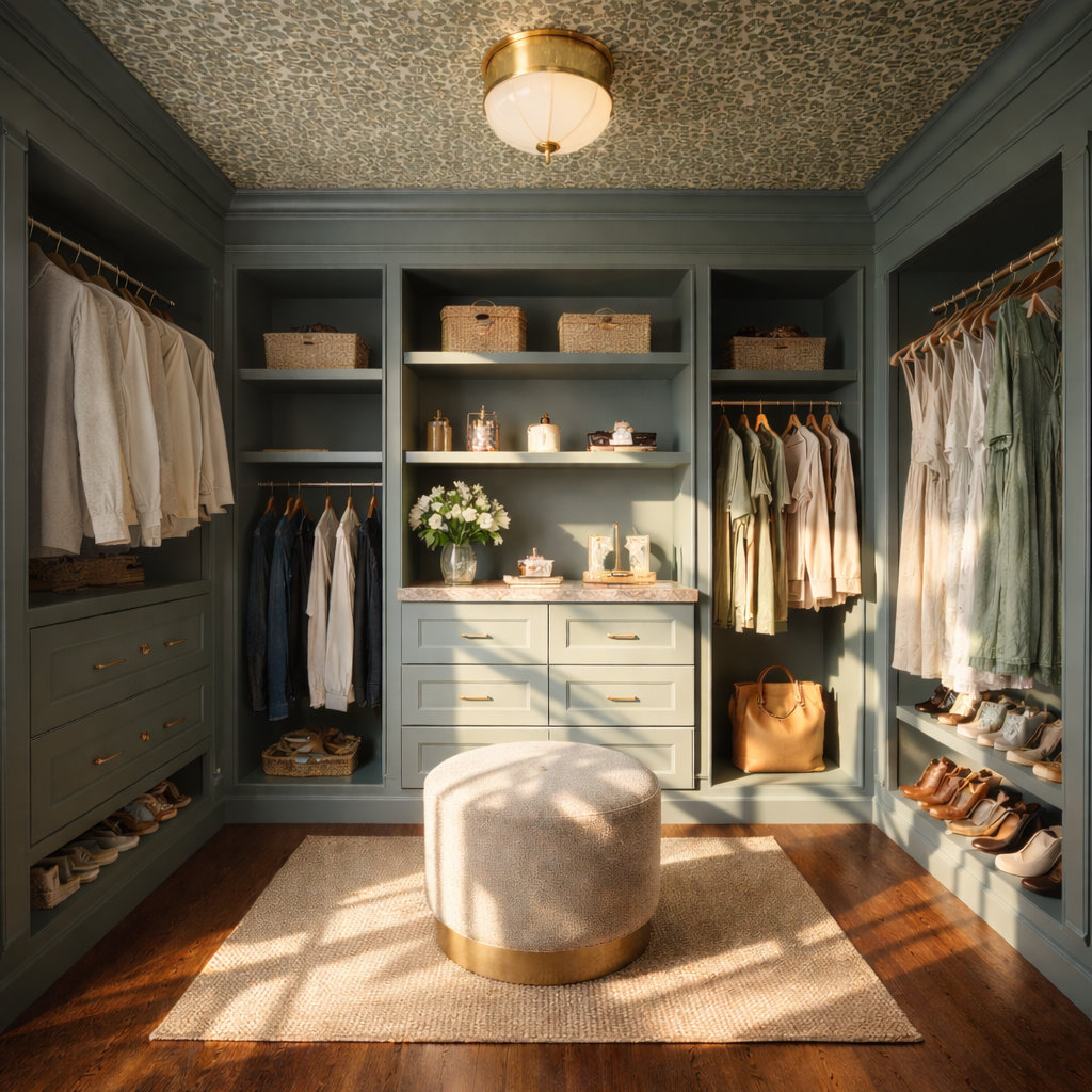 A muted-teal closet with open hanging bays, shoe shelves, folded storage, closed drawers, and a centered ottoman.