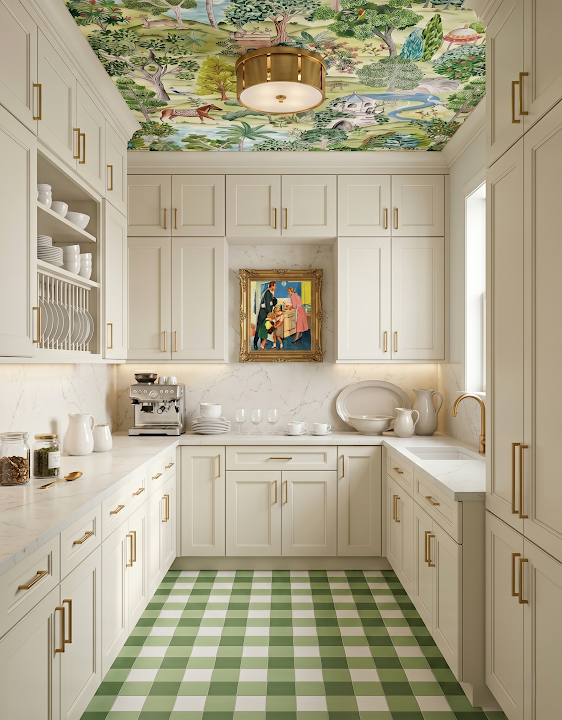 Concept image of a white pantry with green lower cabinets, a green plaid floor, and a colorful botanical ceiling.