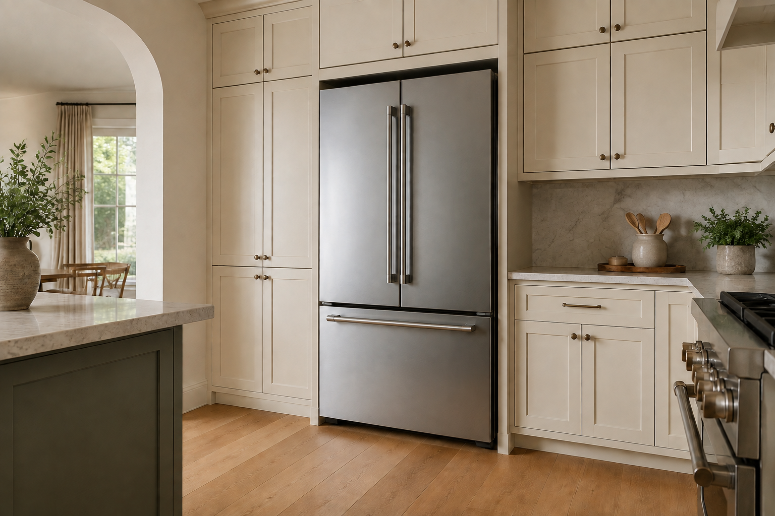 Blank unbranded refrigerator standing on continuous finished oak flooring inside a level cabinet enclosure.