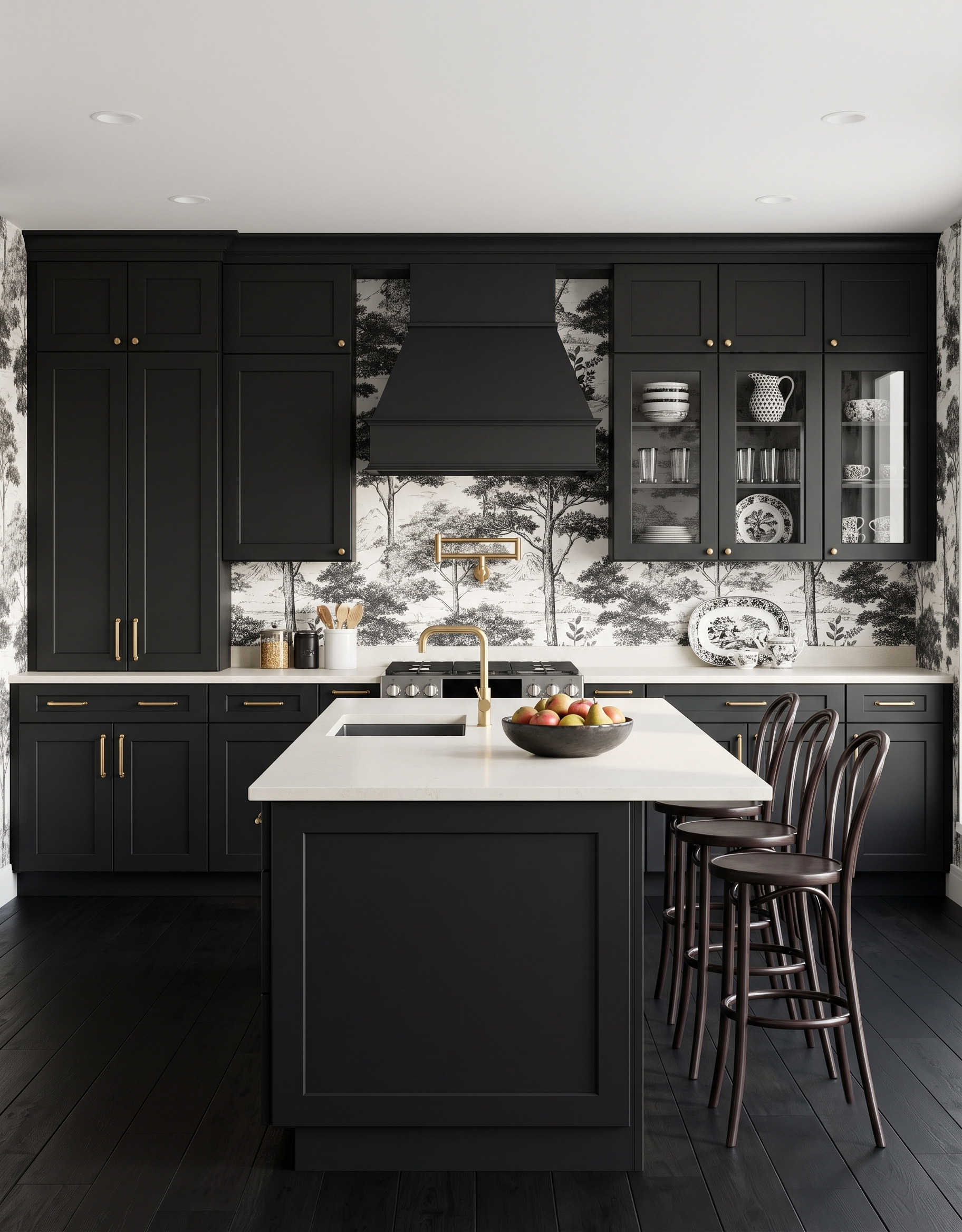 Black kitchen cabinetry and hood against black-and-white woodland wallpaper, with glass-front cupboards, white counters and a central sink island.