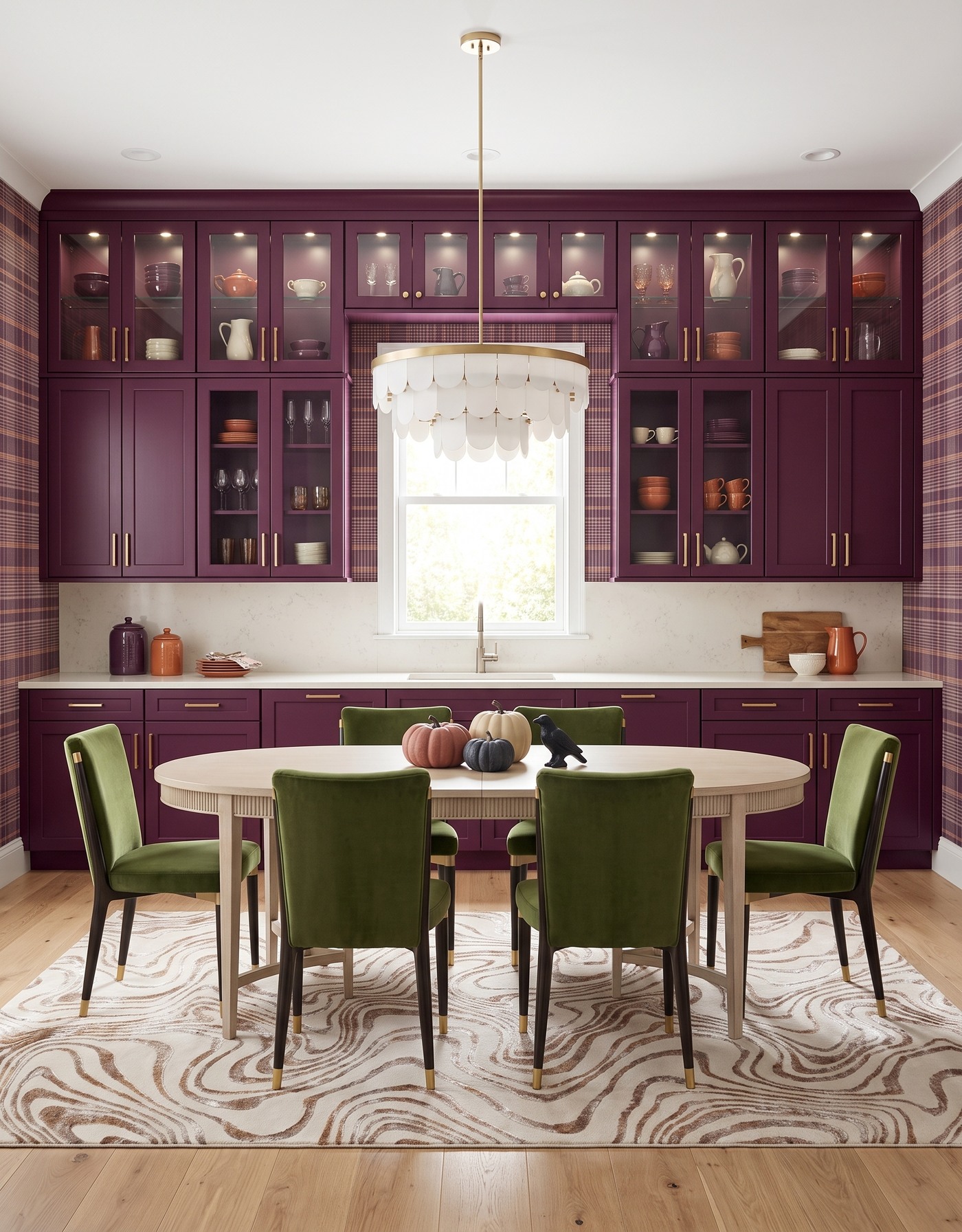 AI-created concept: Berry kitchen with plum plaid, olive chairs and a pale table holding muted pumpkins and a black bird ornament.