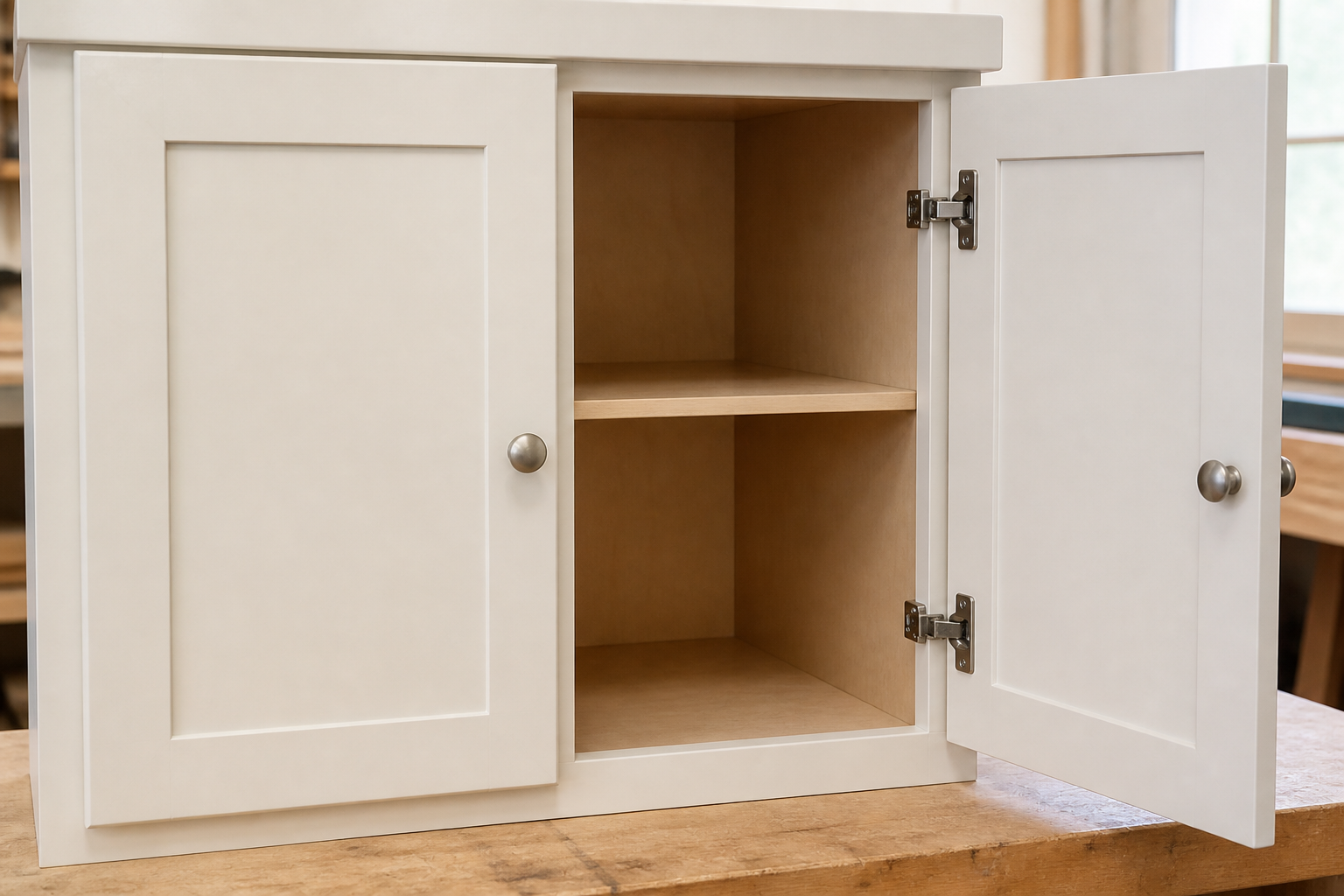 One solid cabinet door open on two concealed hinges beside a matching closed door on an intact cabinet box.