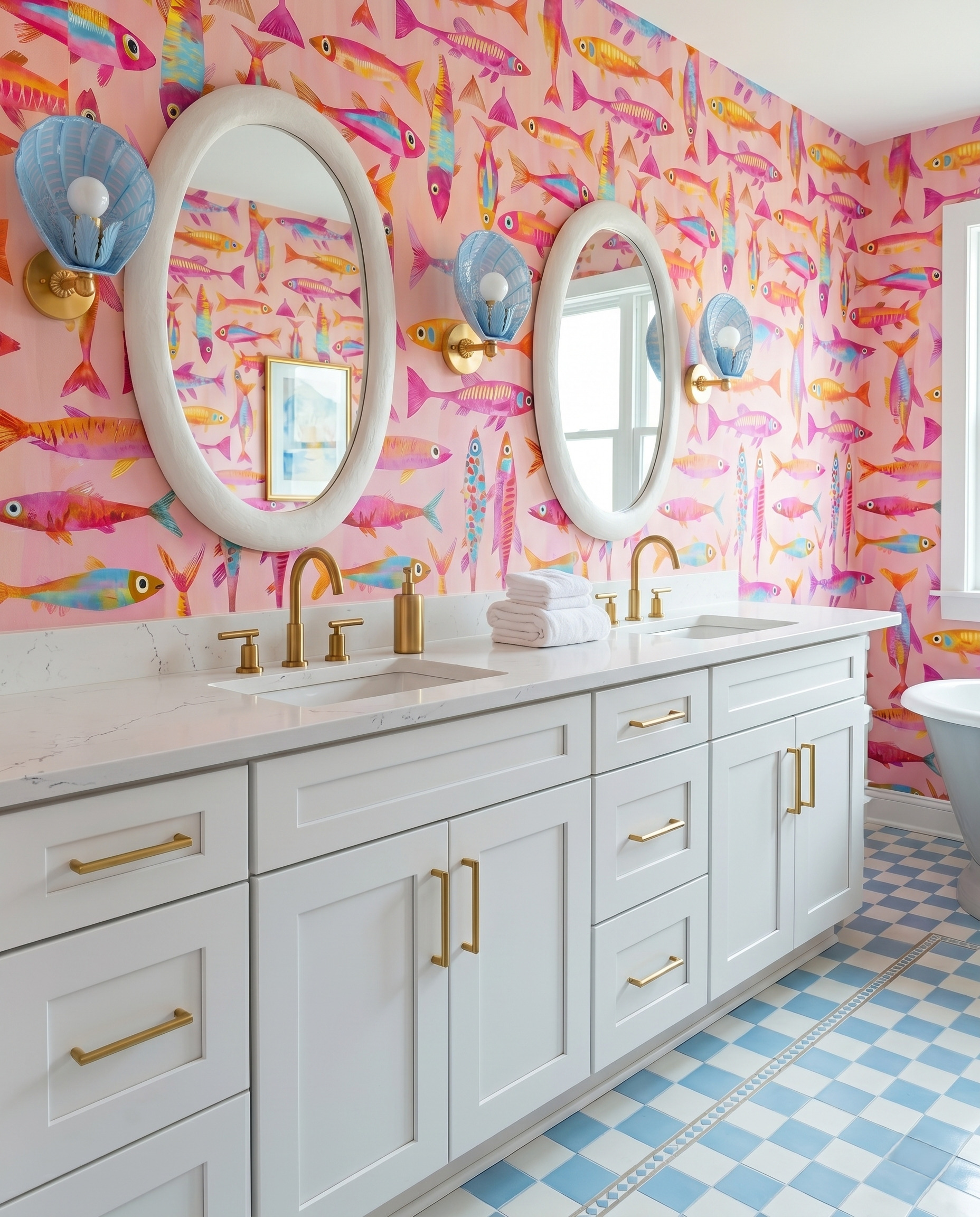 White double vanity with pink illustrated fish wallpaper, pale blue shell sconces, white oval mirrors and a blue-and-white checked floor.