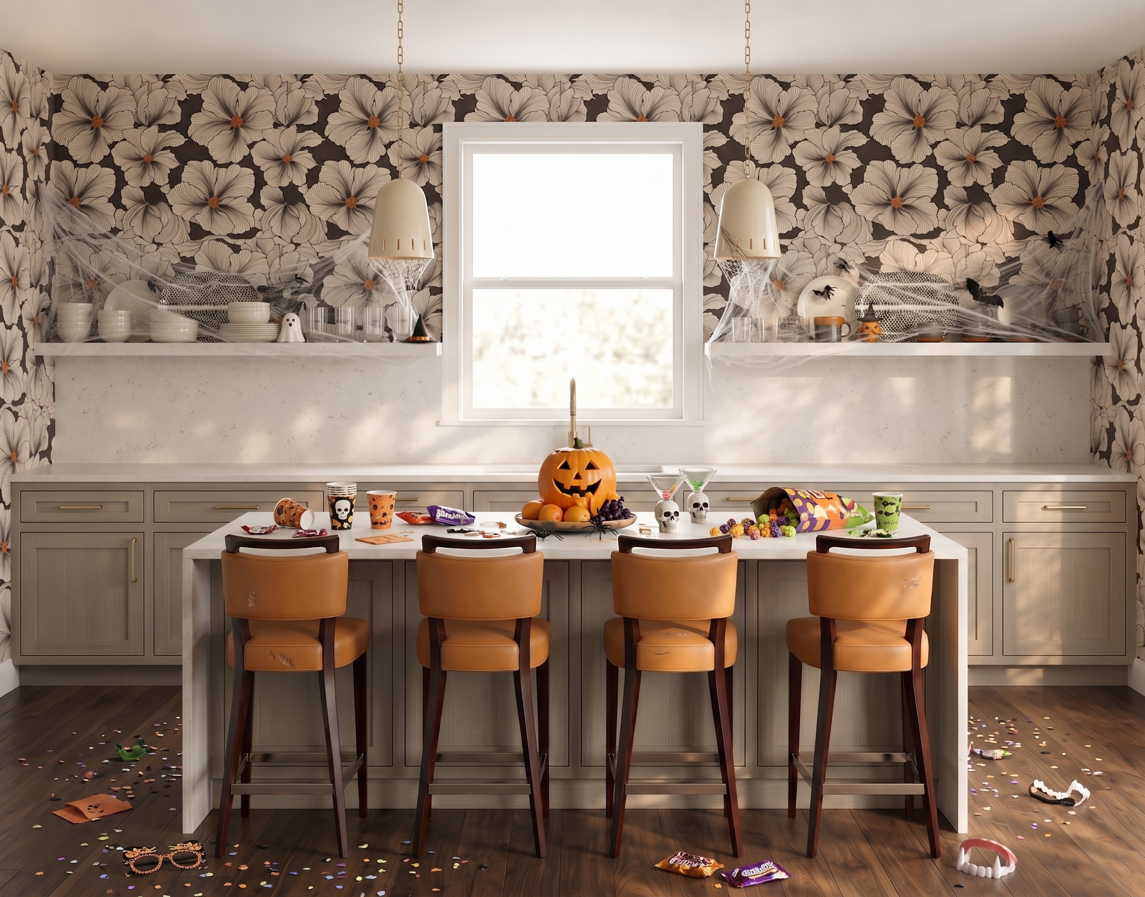 Beige kitchen with oversized cream floral wallpaper, caramel stools and a single large jack-o’-lantern on a pale island.