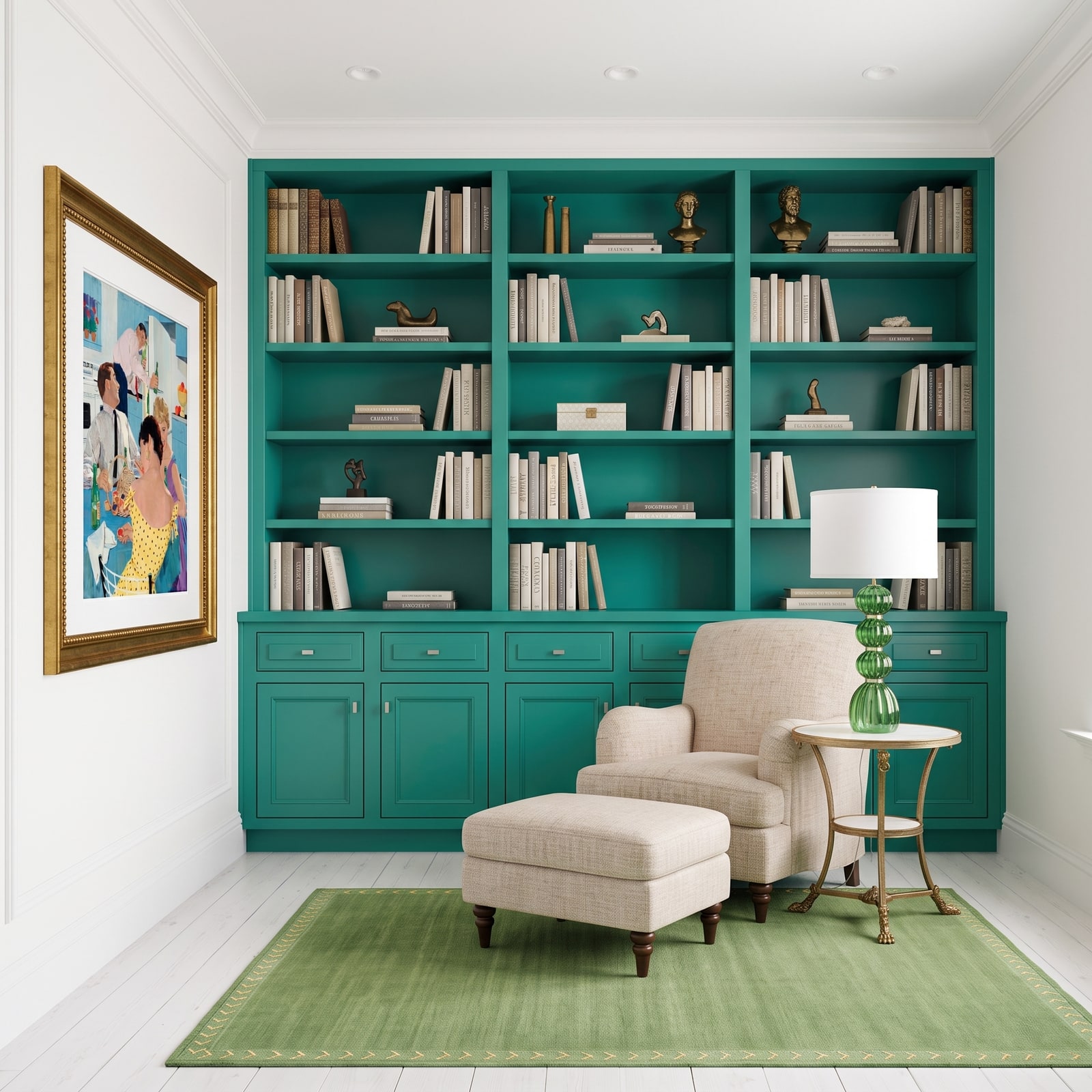 A teal built-in bookcase set within white room walls, with supported shelves, closed base storage, a reading chair, and brass accents.