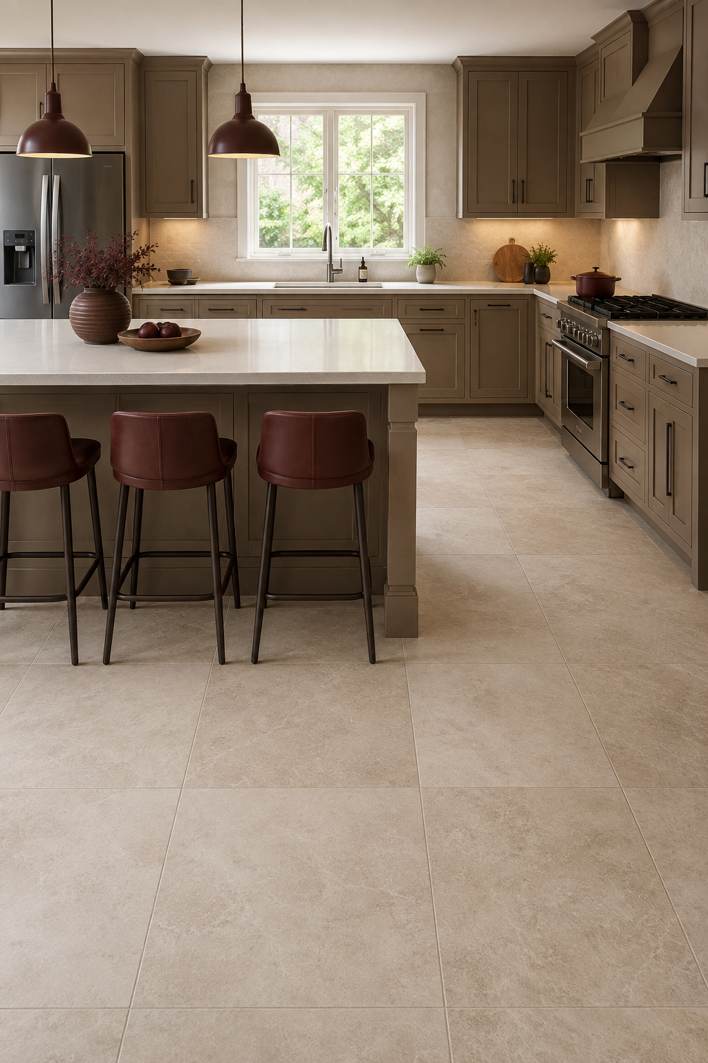 Concept image of a taupe kitchen with pale limestone-look tile, three burgundy stools on the room-facing side of the island, and a clear working aisle behind it.