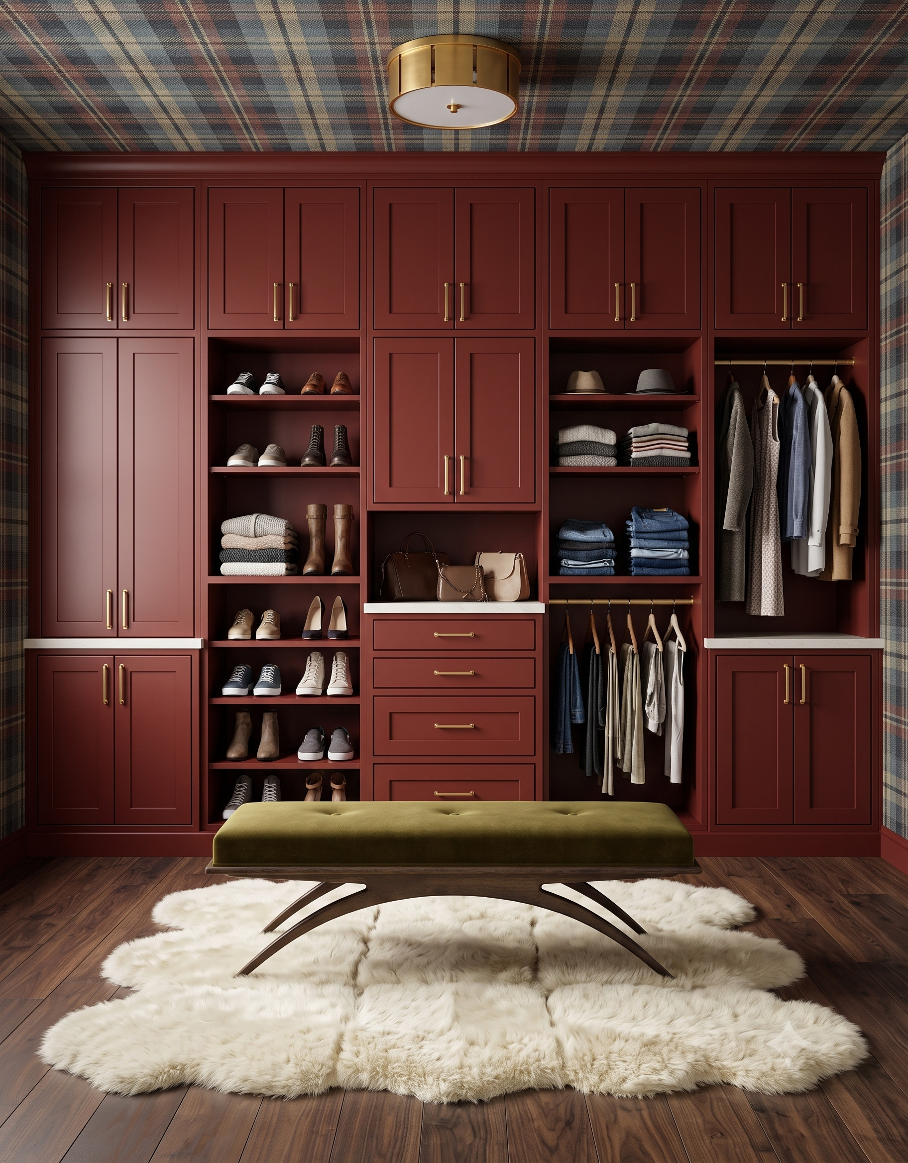 Olive upholstered bench with sculptural dark wood supports before an oxblood wardrobe wall, on a cream shag rug beneath plaid wallpaper.