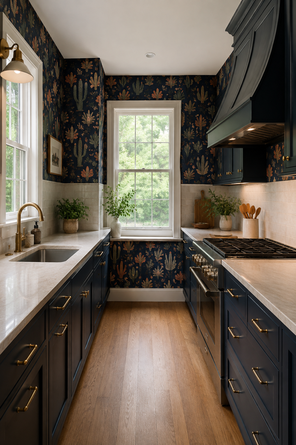 Concept image of a navy galley kitchen with dark cactus wallpaper, pale counters, warm wood flooring, and daylight from two windows.