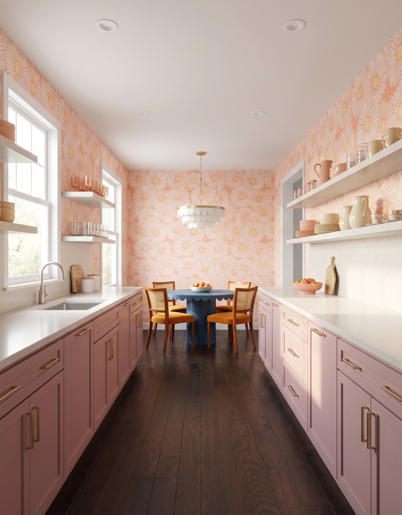 AI-created concept: Mauve cabinets and peach daisy wallpaper around a blue round table and mustard cane-back chairs.