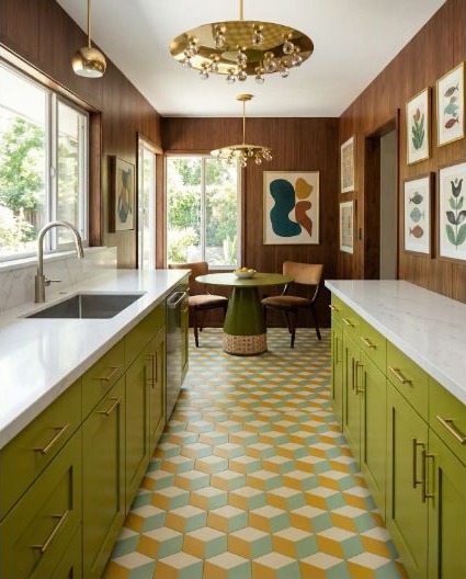 A warm kitchen combining wood paneling, brass details, and layered natural light.