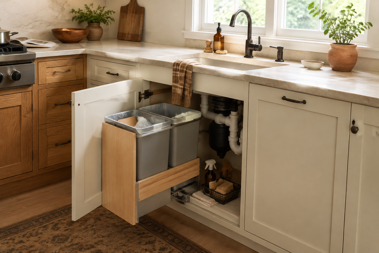 Kitchen utility corner showing clear disposal and filtration placement near service access.