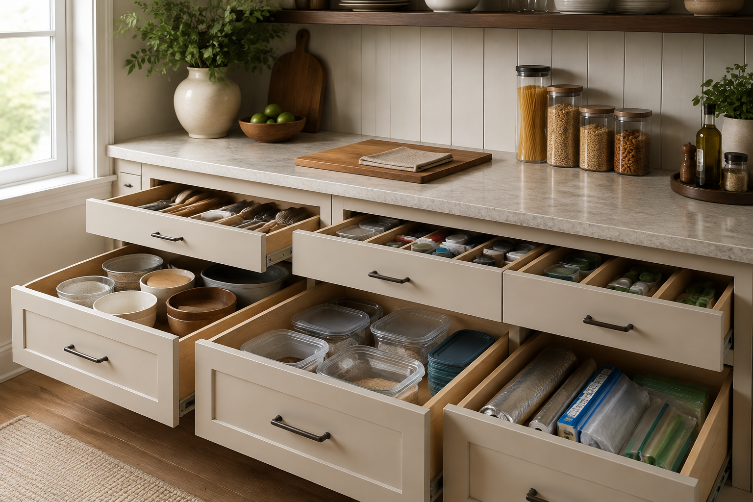 Open kitchen drawers near the preparation area holding everyday utensils, bowls, and food-storage containers within easy reach.