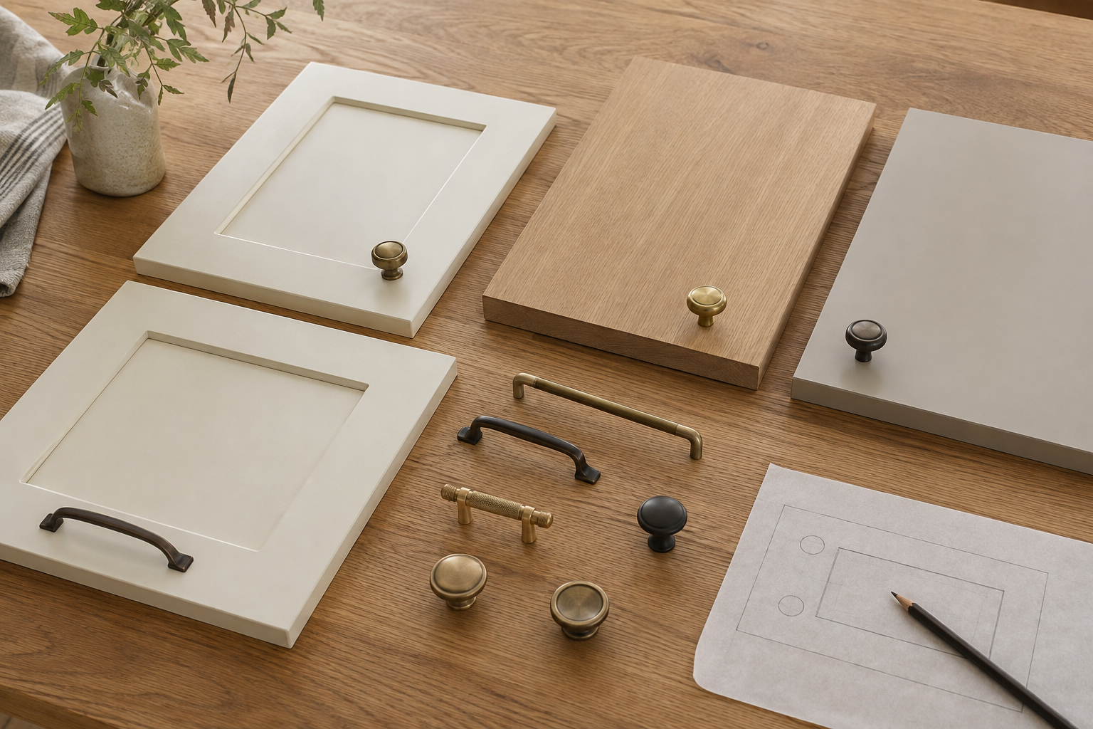 Several unbranded cabinet knobs and pulls mounted on plain sample doors beside a paper planning template.